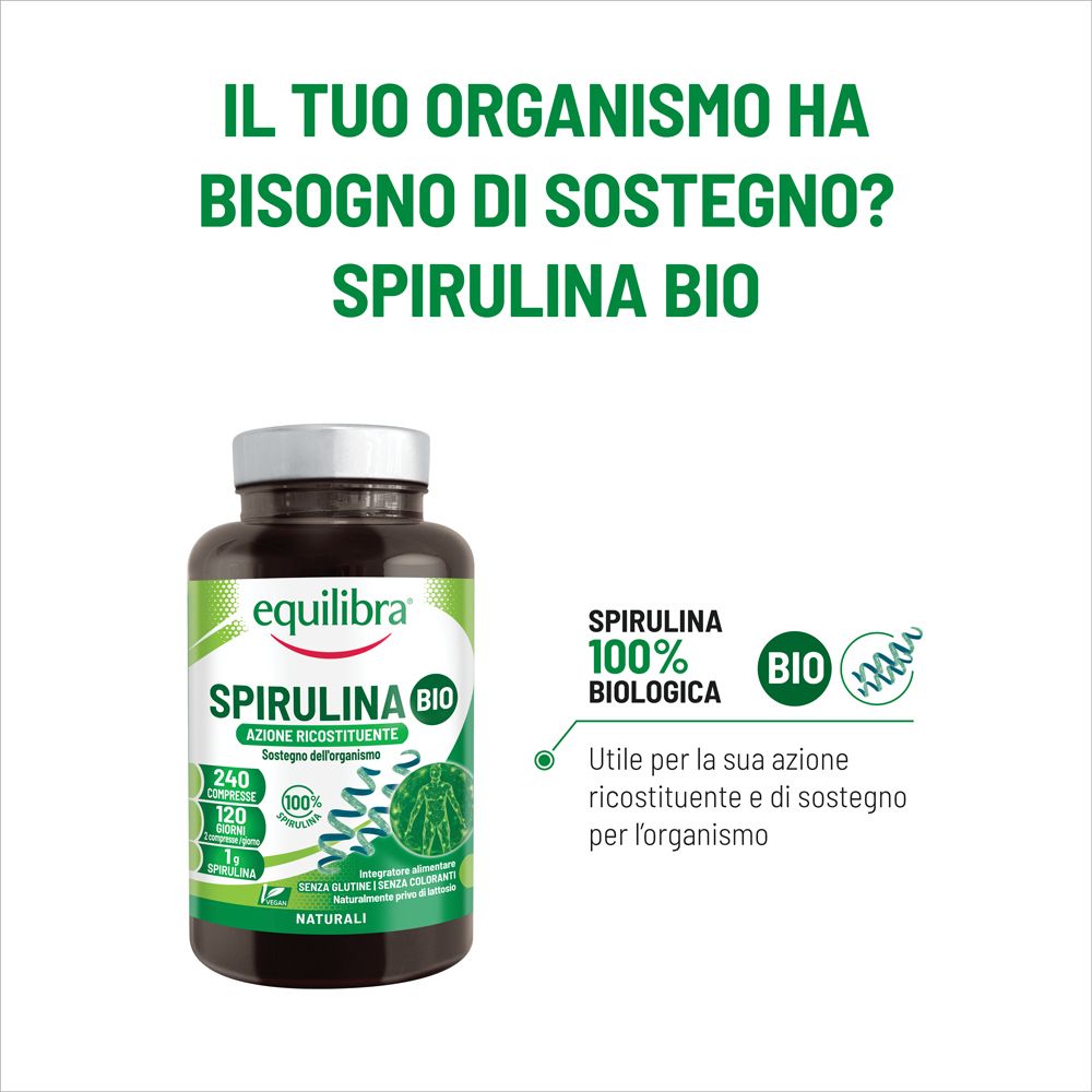 Flacone del prodotto con testo: Spirulina Bio. Testo: 100% biologico. Flacone su sfondo bianco con testo: Il tuo organismo ha bisogno di sostegno?