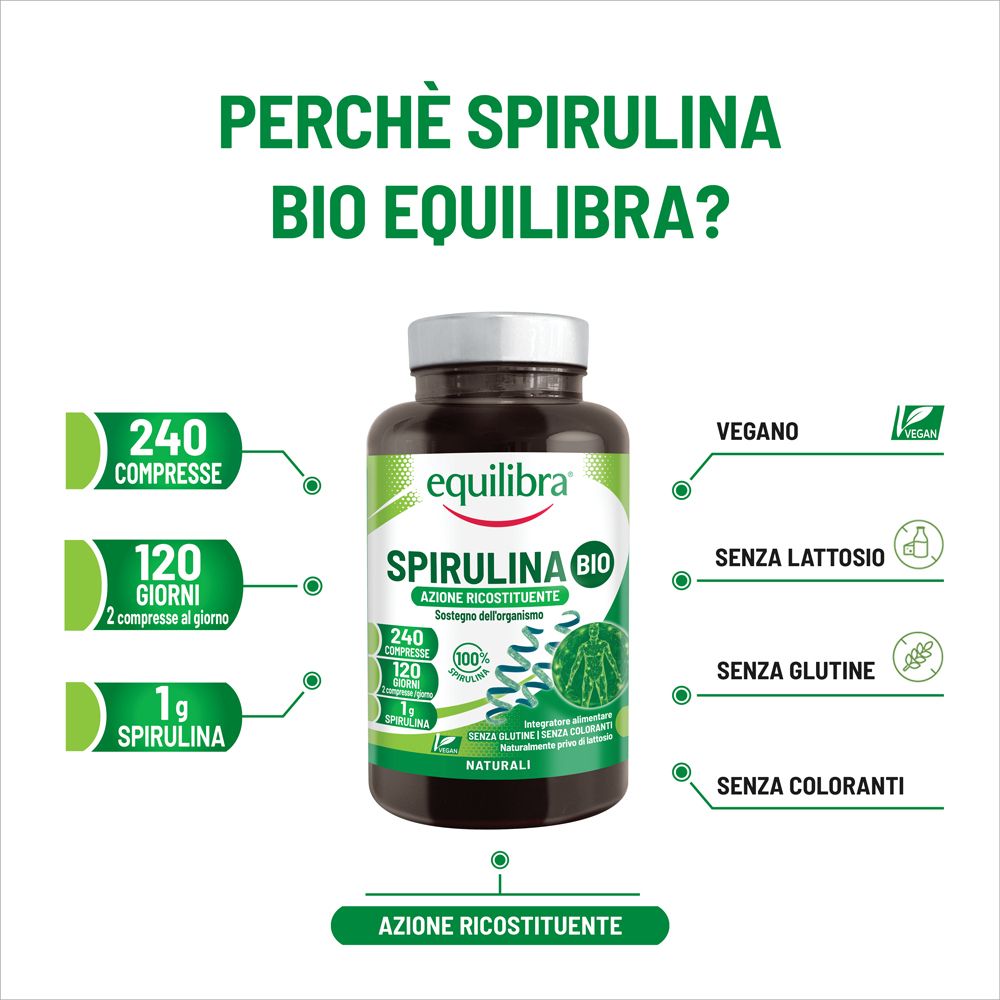 Flacone del prodotto con testo: Spirulina Bio. Testo: 240 compresse, 120 giorni, 1g Spirulina. Testo: Vegano, senza glutine, senza lattosio, senza coloranti.