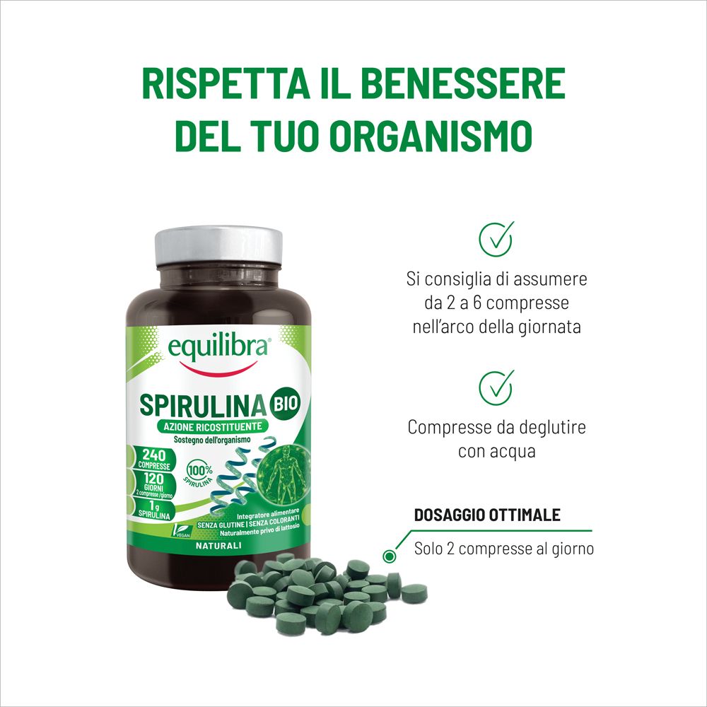 Flacone del prodotto con compresse. Testo: Spirulina Bio. Testo: 240 compresse. Testo: Da 2 a 6 compresse al giorno. Testo: Solo 2 compresse al giorno.