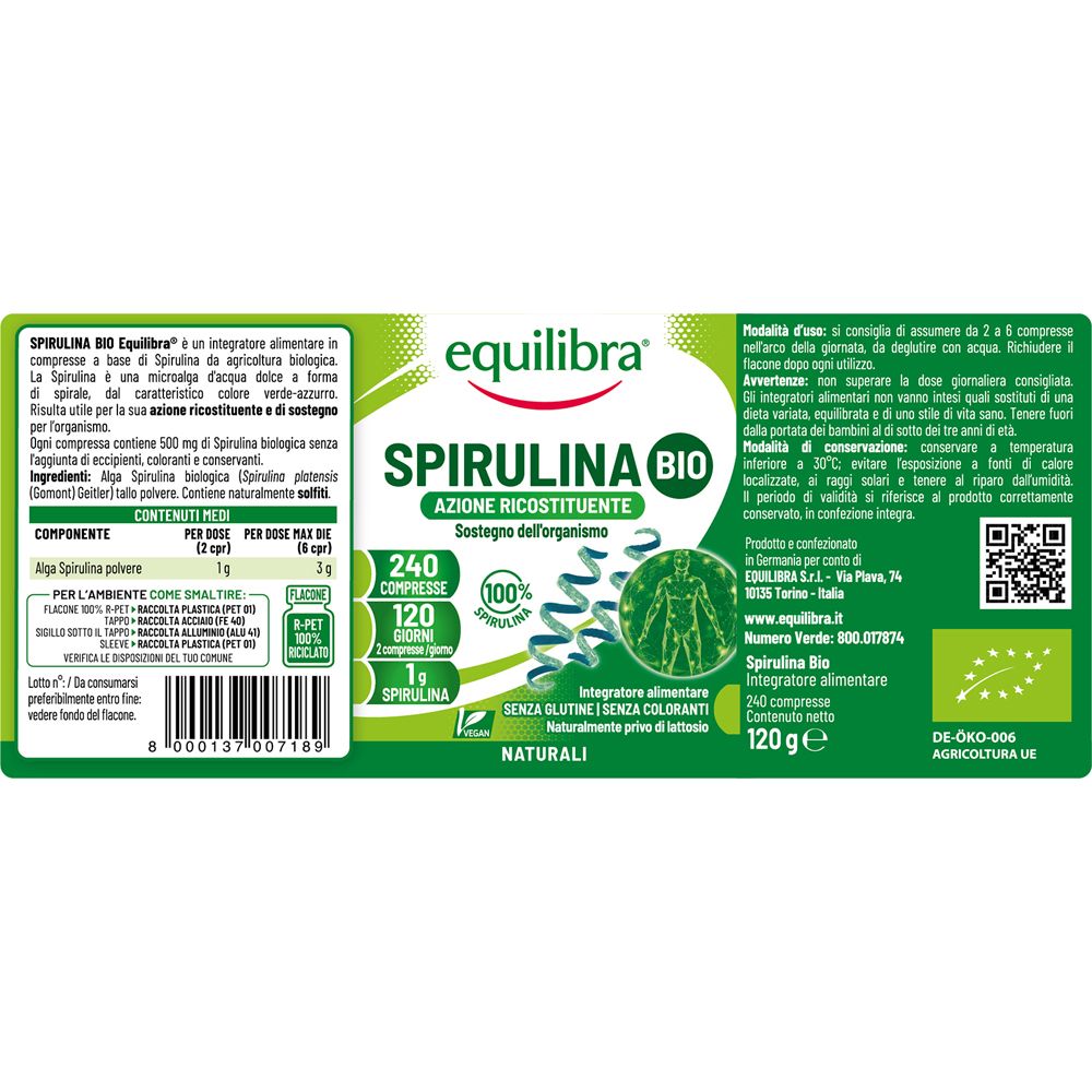 Etichetta con testo: Spirulina Bio. Testo: 240 compresse, 120g. Testo: Senza glutine, senza lattosio, senza coloranti. Testo: DE-ÖKO-006. Testo: Agricoltura UE.