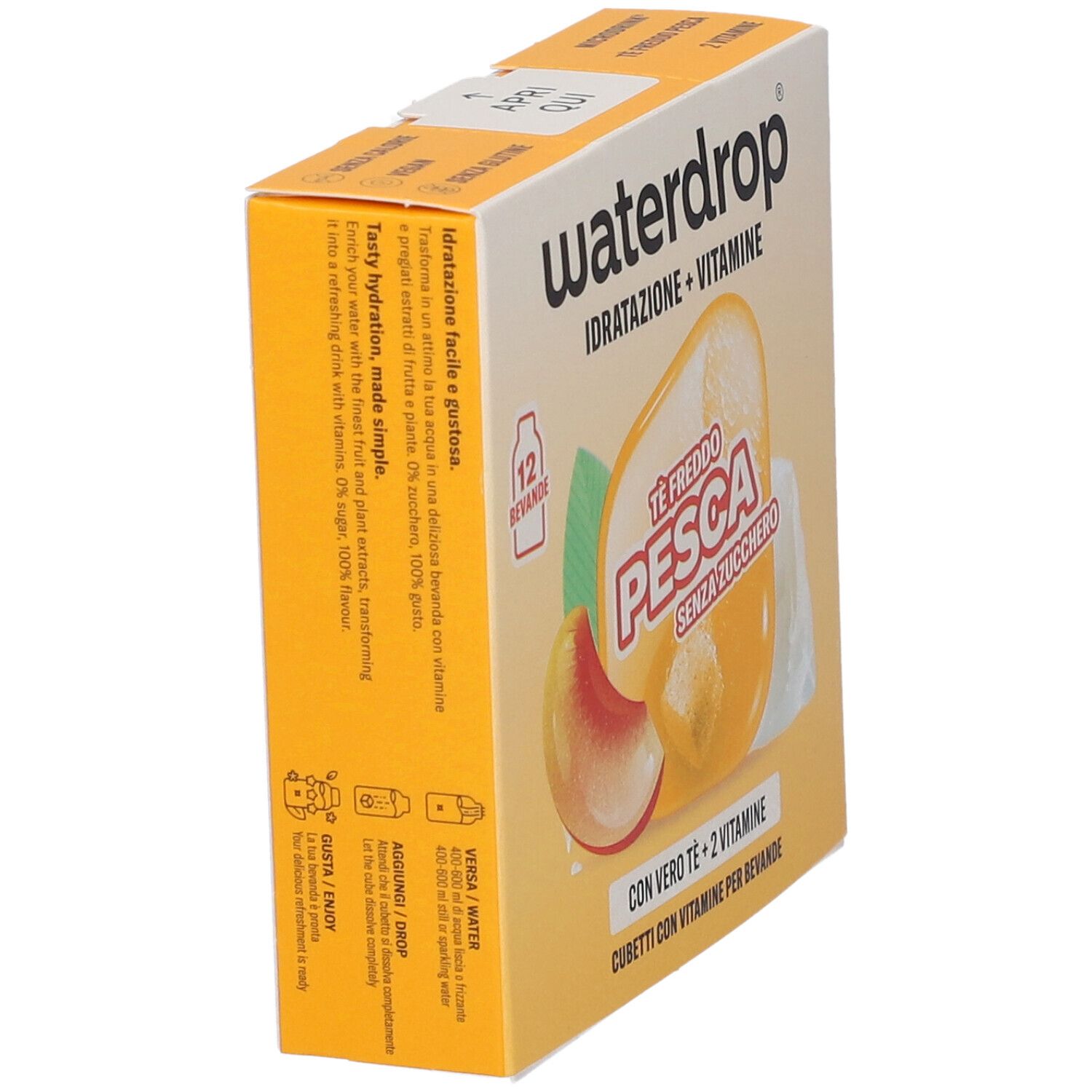 Confezione Waterdrop Tè freddo Pesca Cubetti, lato con istruzioni e informazioni nutrizionali.