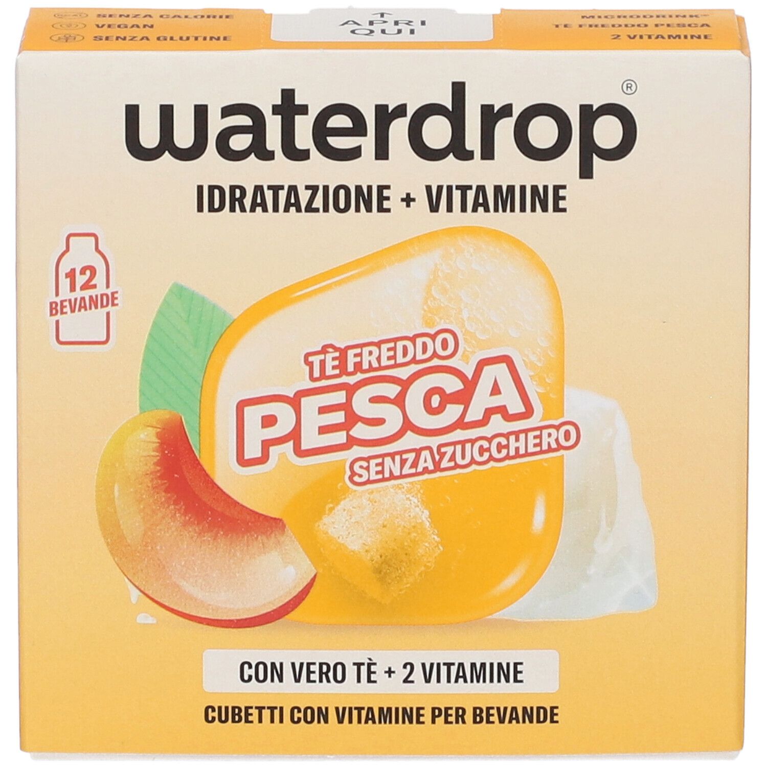 Waterdrop Tè freddo Pesca Cubetti, 12 bevande, senza zucchero, con vero tè e 2 vitamine.