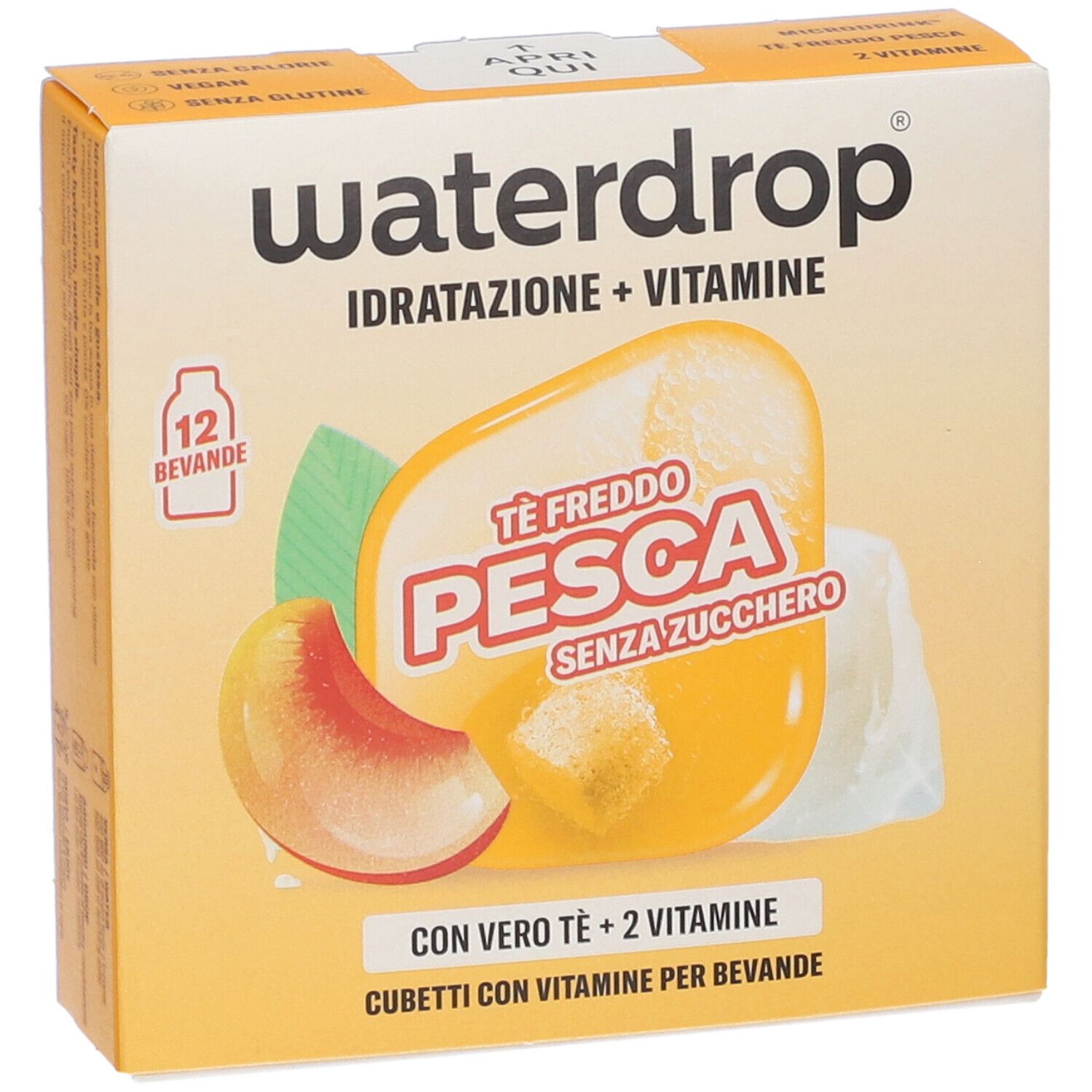Waterdrop Tè freddo Pesca Cubetti, 12 bevande, senza zucchero, con vero tè e 2 vitamine.