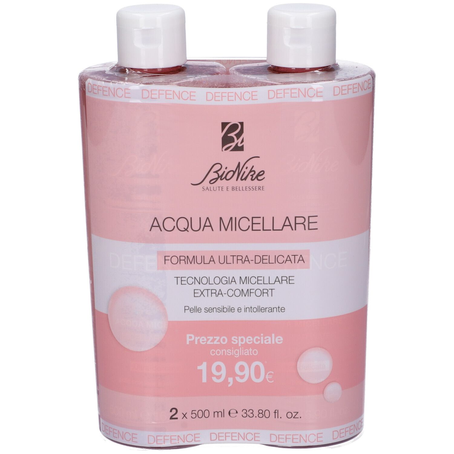 Confezione doppia di BioNike Acqua Micellare. Confezione rosa con scritte bianche. Prezzo: 19,90€.
