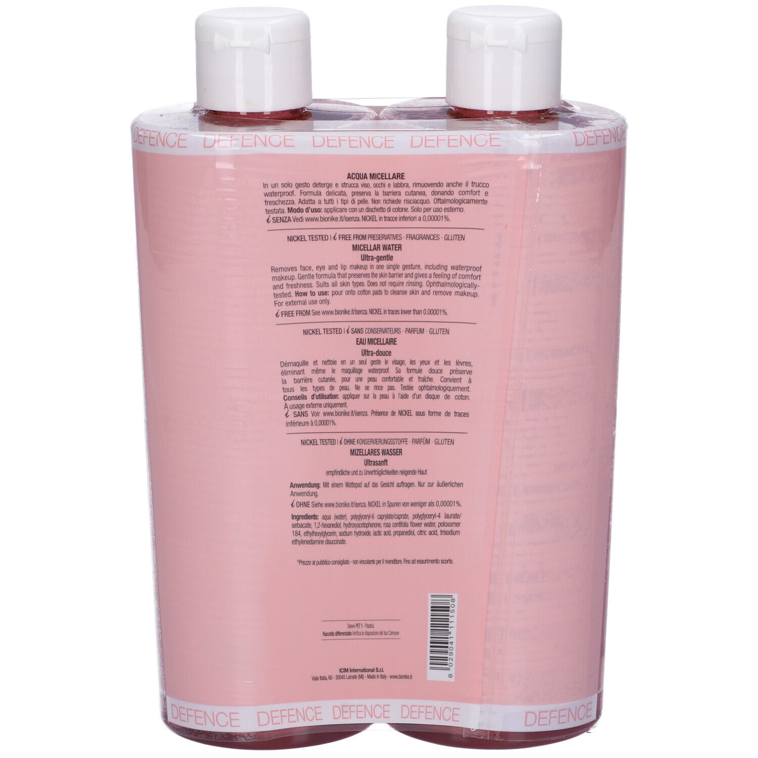 Retro della confezione doppia BioNike Acqua Micellare. Confezione rosa con testo multilingue.