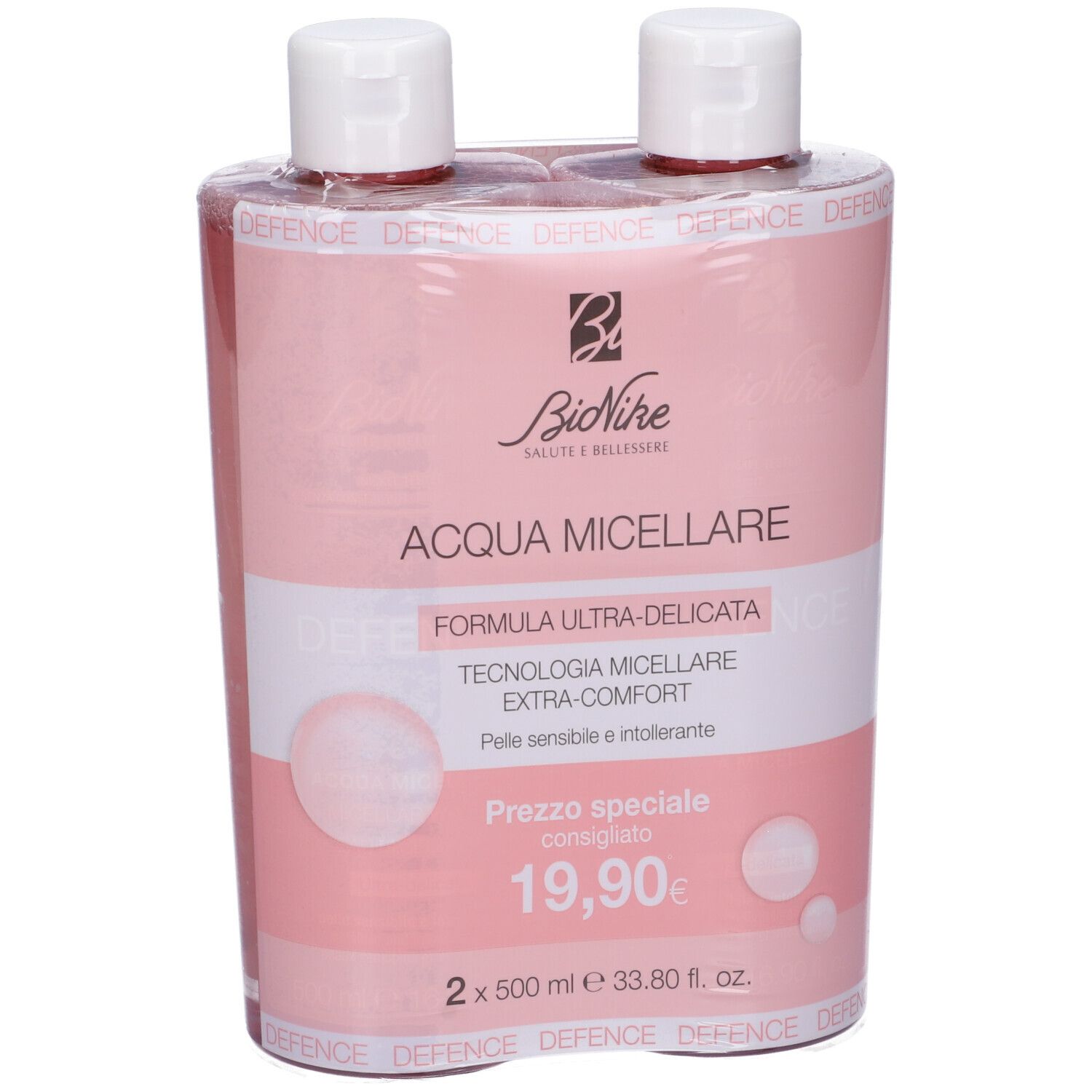 Confezione doppia BioNike Acqua Micellare. Confezione rosa con scritte bianche. Prezzo: 19,90€.