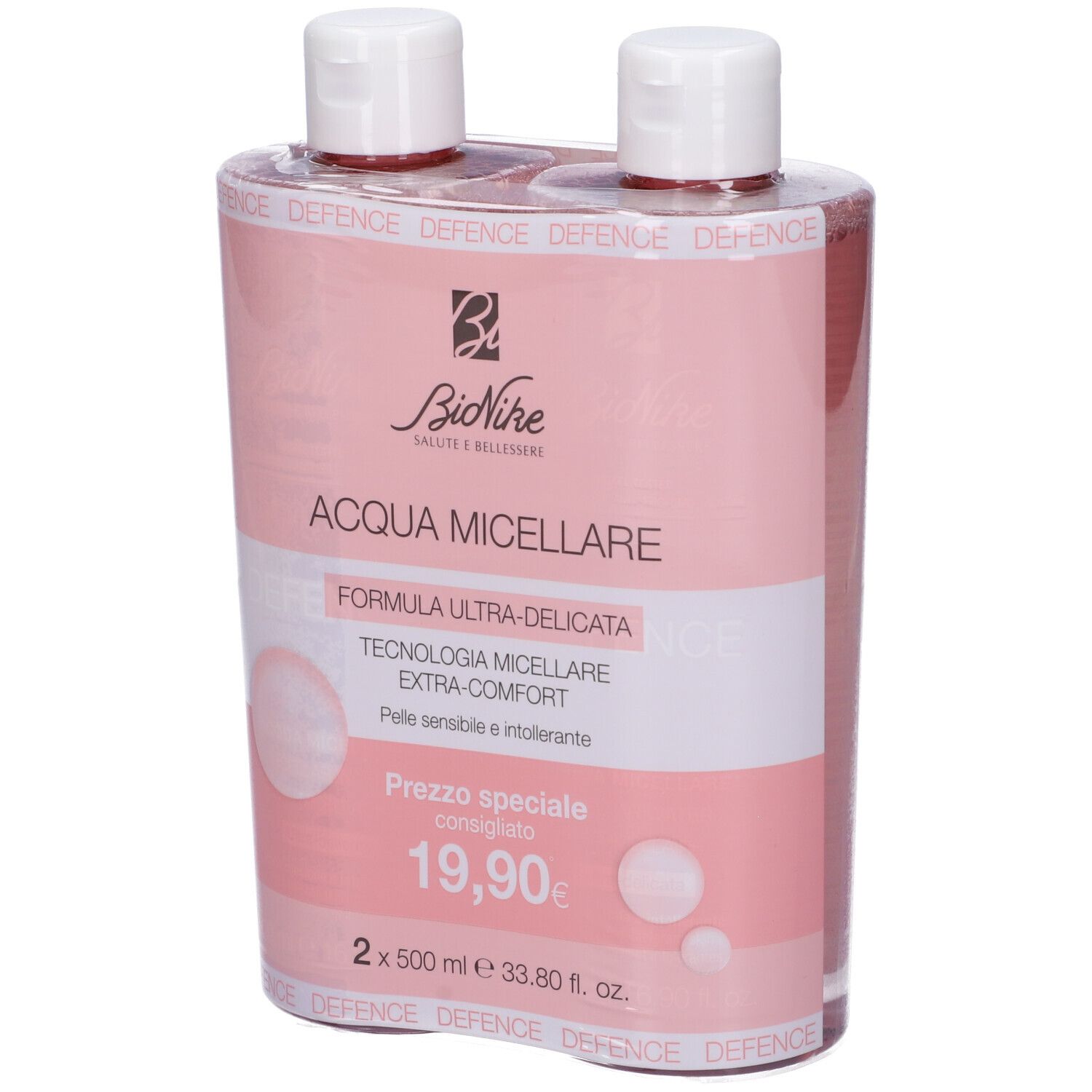 Confezione doppia BioNike Acqua Micellare. Confezione rosa con scritte bianche. Prezzo: 19,90€.