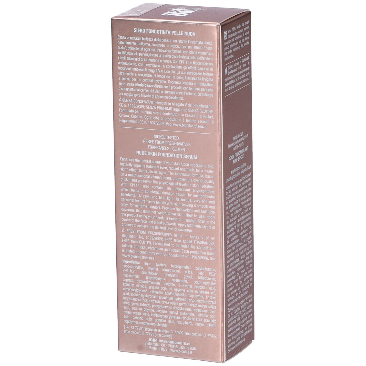 Confezione rosa, retro. Testo: Bionike, Defence Color Skin Tint. Descrizione prodotto e ingredienti.