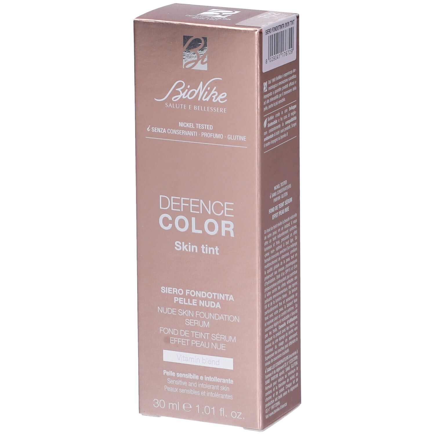 Confezione di Skin Tint Siero Fondotinta Pelle Nuda. Marchio Bionike, nome prodotto Defence Color. Contiene 30 ml.