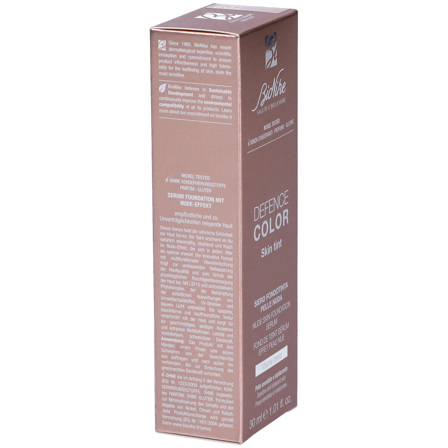 Confezione di Skin Tint Siero Fondotinta Pelle Nuda. Marchio Bionike, nome prodotto Defence Color. Testo in tedesco.