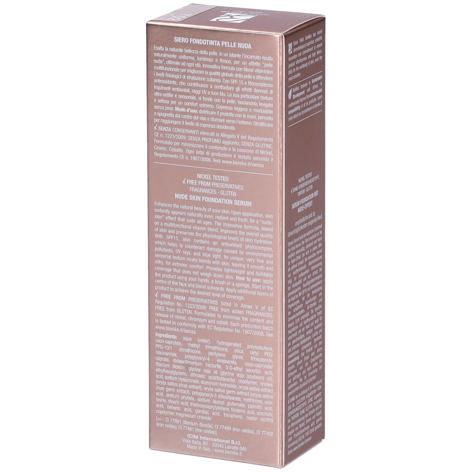 Confezione di Skin Tint Siero Fondotinta Pelle Nuda. Marchio Bionike, nome prodotto Defence Color. Testo in inglese.