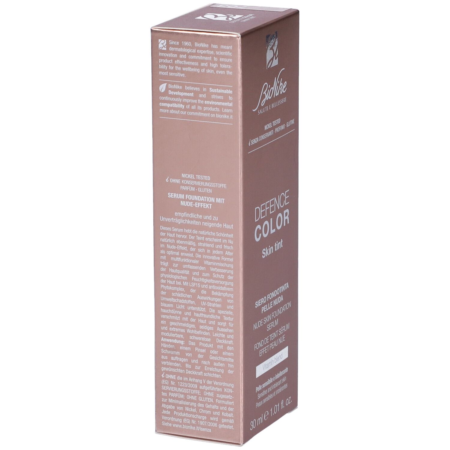 Confezione Skin Tint. Marchio Bionike. Defence Color Skin Tint, Siero Fondotinta Pelle Nuda. 30 ml. Testo.