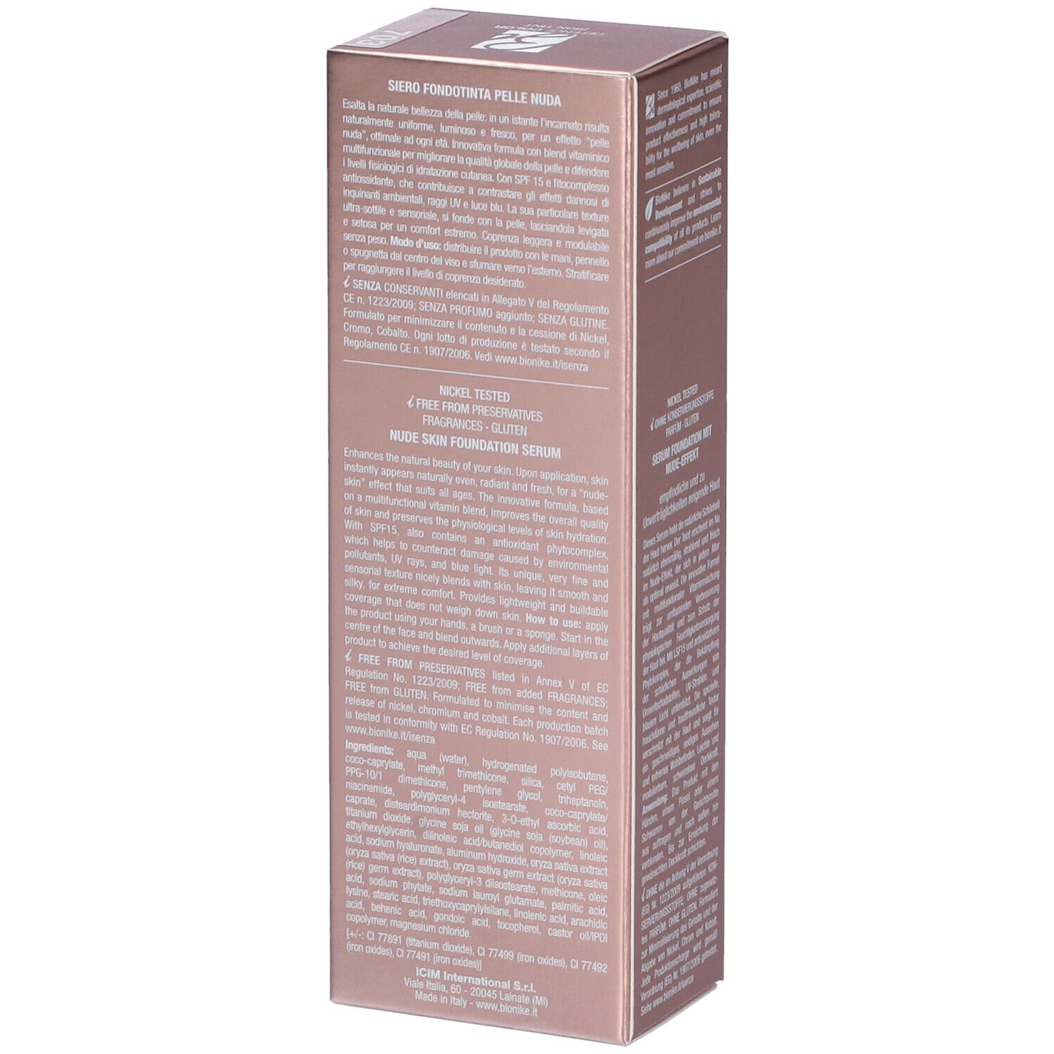 Confezione Skin Tint. Marchio Bionike. Defence Color Skin Tint, Siero Fondotinta Pelle Nuda. 30 ml. Testo.