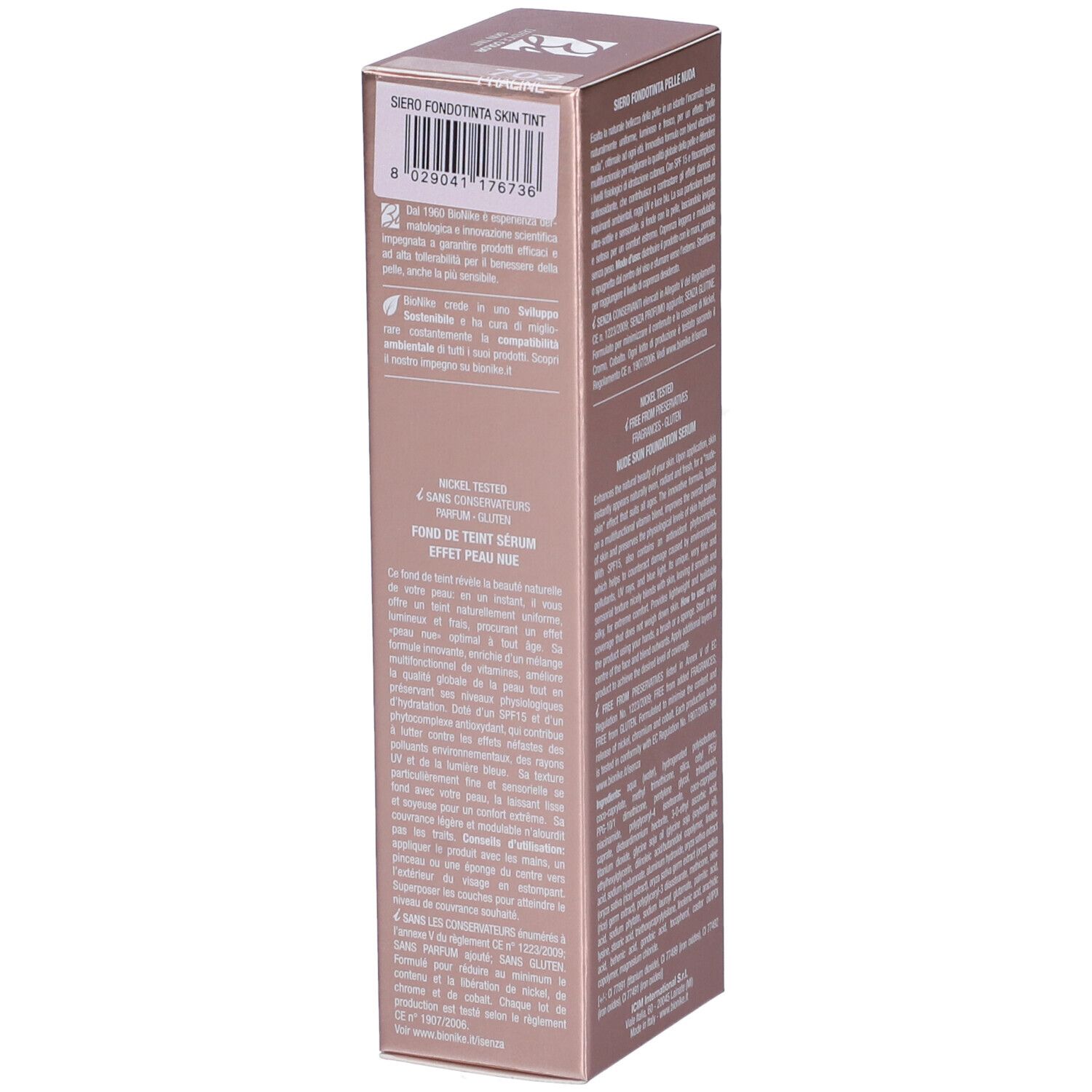 Confezione Skin Tint. Marchio Bionike. Defence Color Skin Tint, Siero Fondotinta Pelle Nuda. 30 ml. Testo.