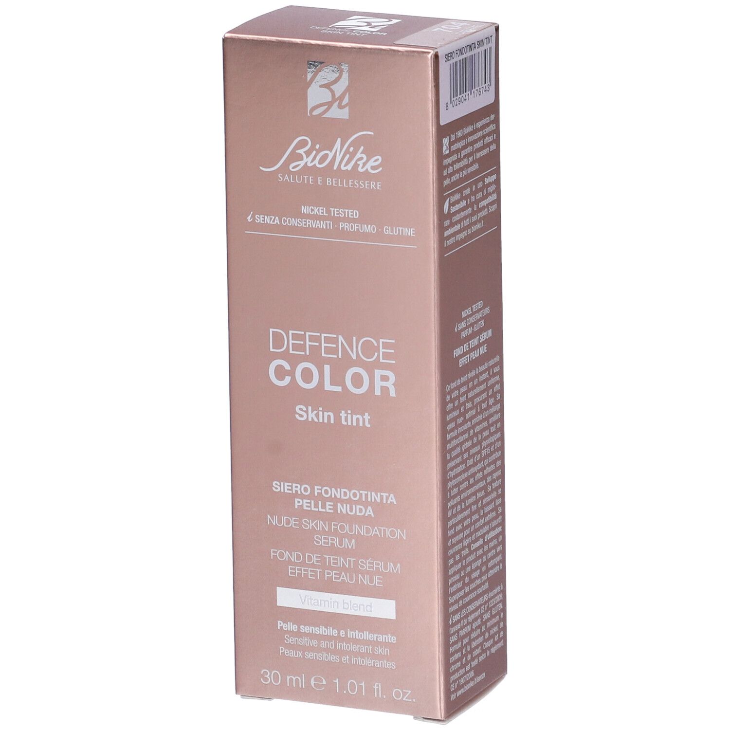 Confezione Bionike Defence Color Skin Tint. Tonalità rosa, nome del prodotto e informazioni.