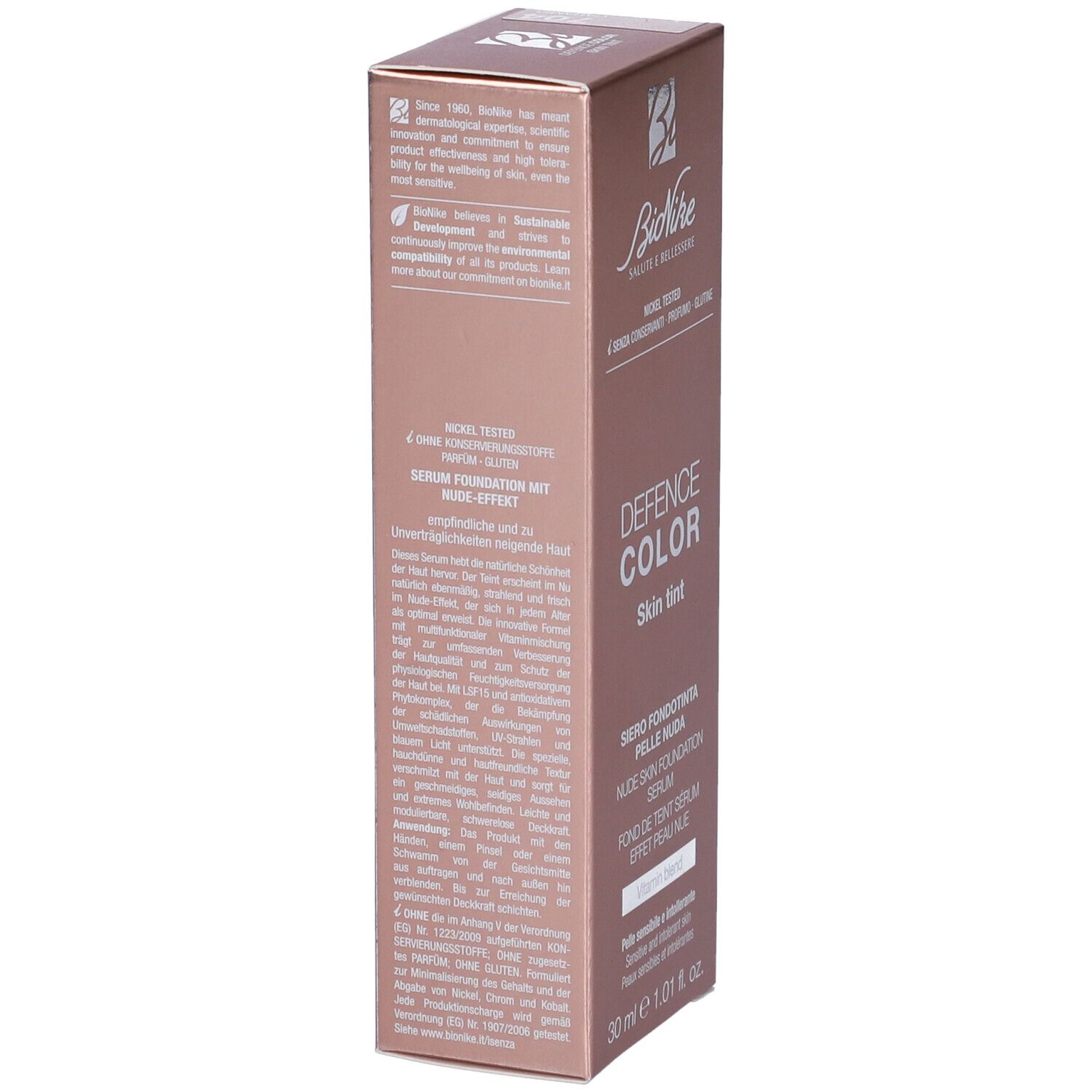 Confezione Bionike Defence Color Skin Tint. Retro con testo, tonalità rosa.
