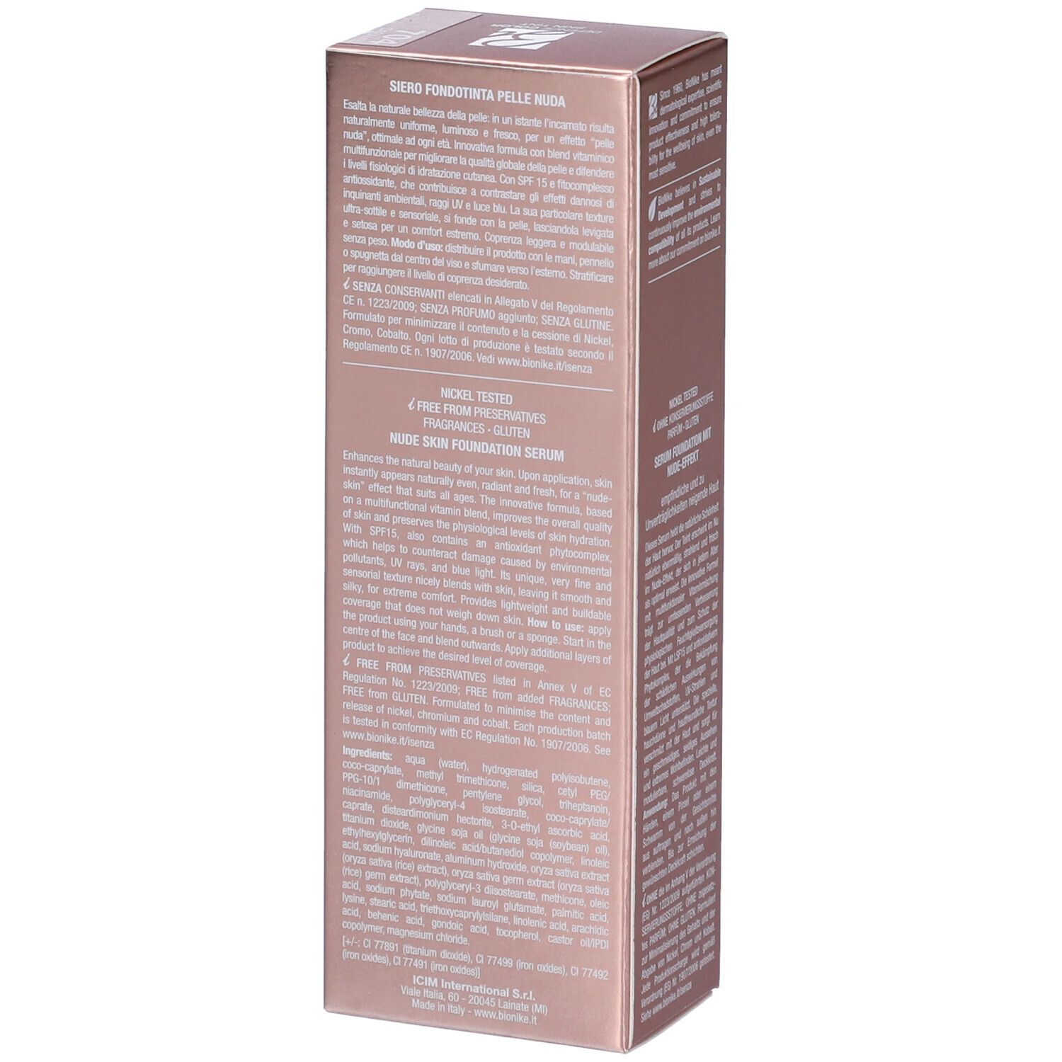 Confezione Bionike Defence Color Skin Tint. Vista dettagliata con testo, tonalità rosa.