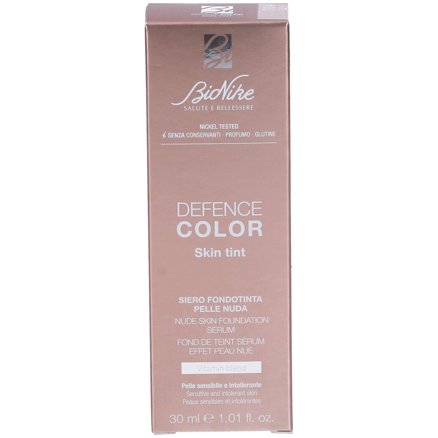 Confezione Bionike Defence Color Skin Tint. Tonalità rosa, nome del prodotto e informazioni.