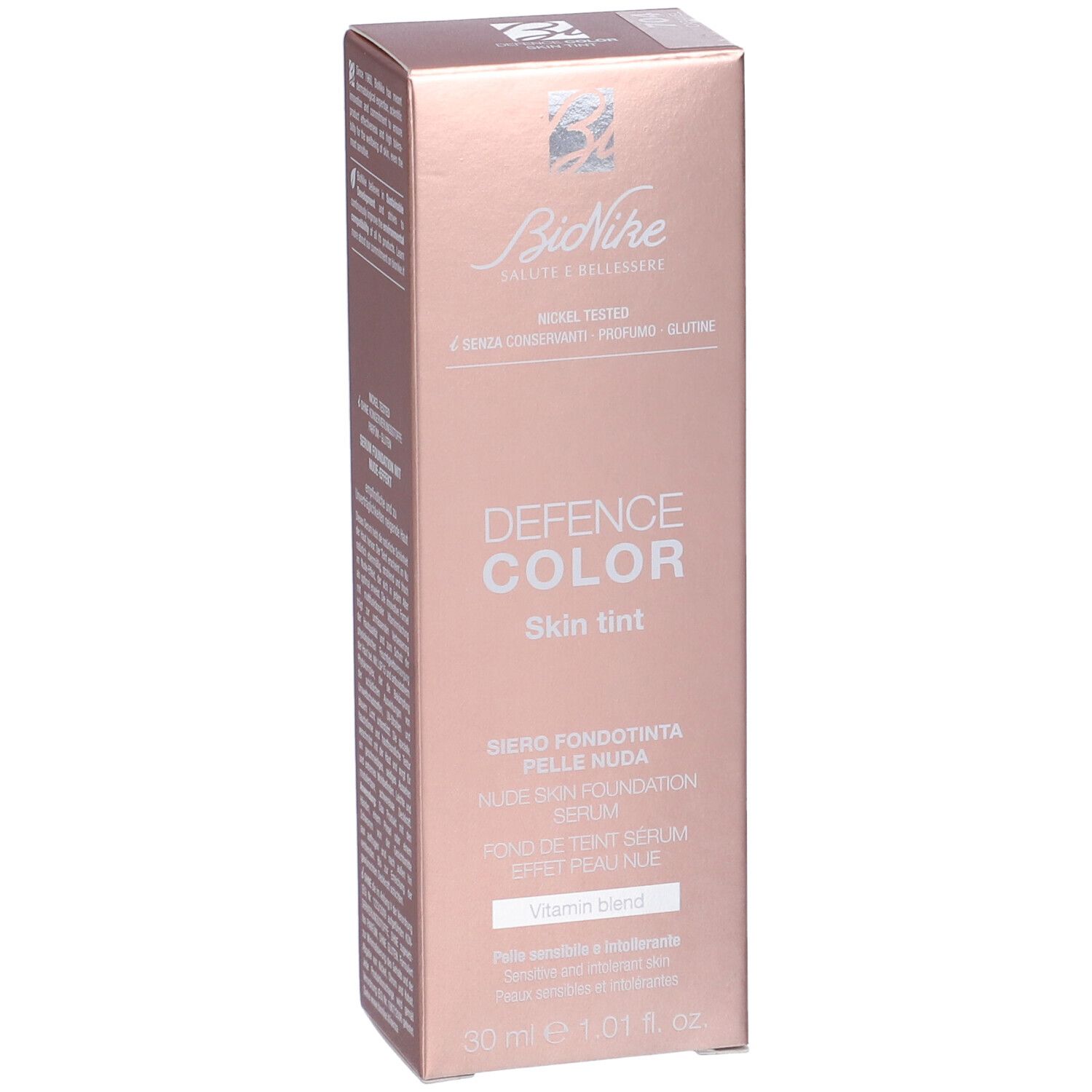 Confezione Bionike Defence Color Skin Tint. Tonalità rosa, nome del prodotto e informazioni.