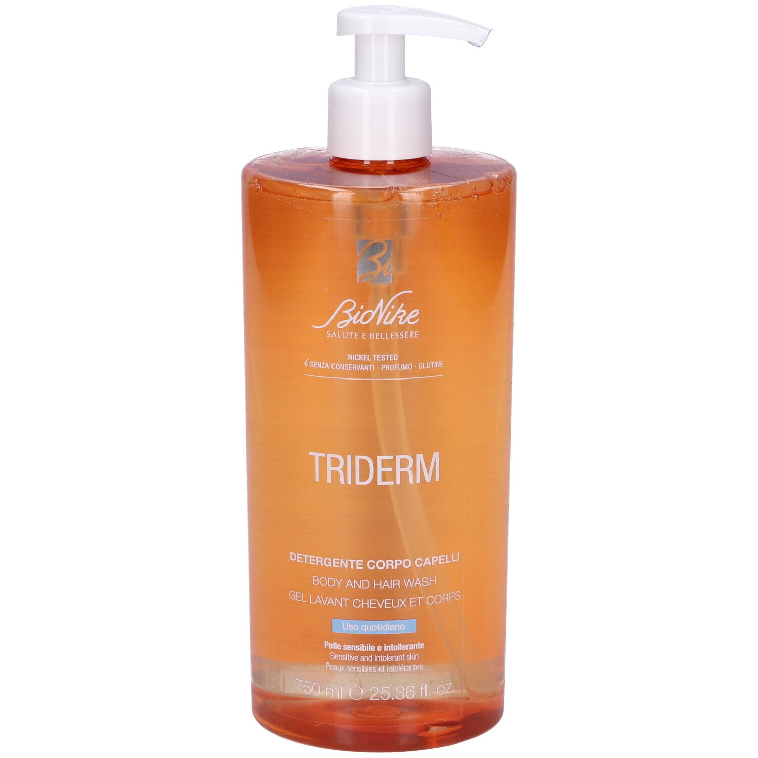 Flacone trasparente con dosatore. Scritta: TRIDERM, Detergente Corpo Capelli. Marchio: BioNike.