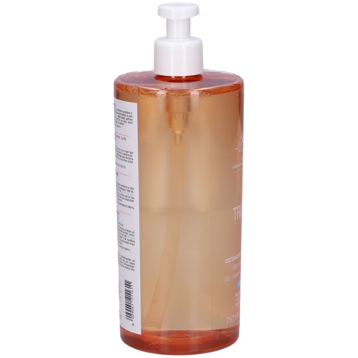 Flacone trasparente con dosatore. Scritta: TRIDERM, Detergente Corpo Capelli. Marchio: BioNike.