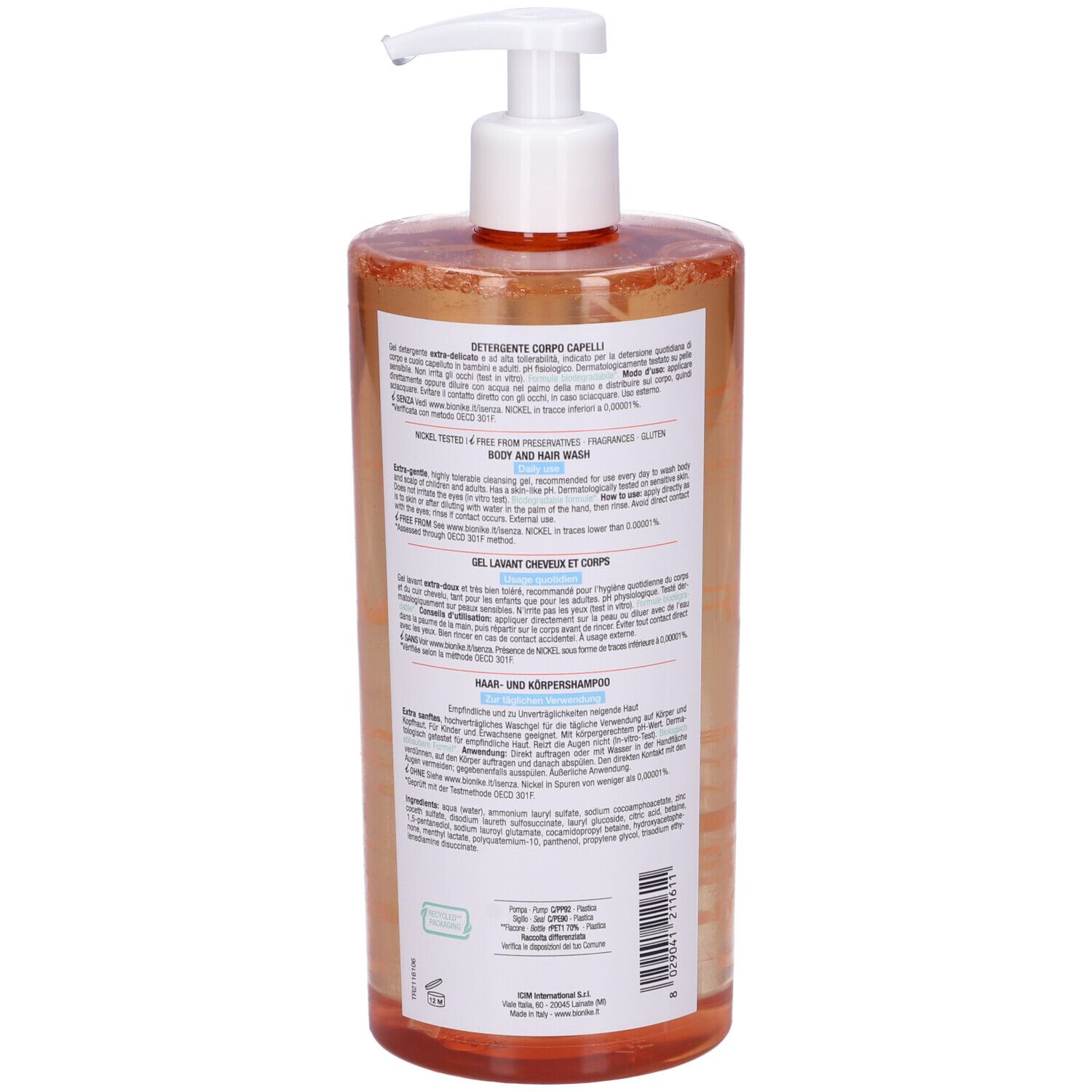 Flacone trasparente con dosatore. Scritta: TRIDERM, Detergente Corpo Capelli. Marchio: BioNike.