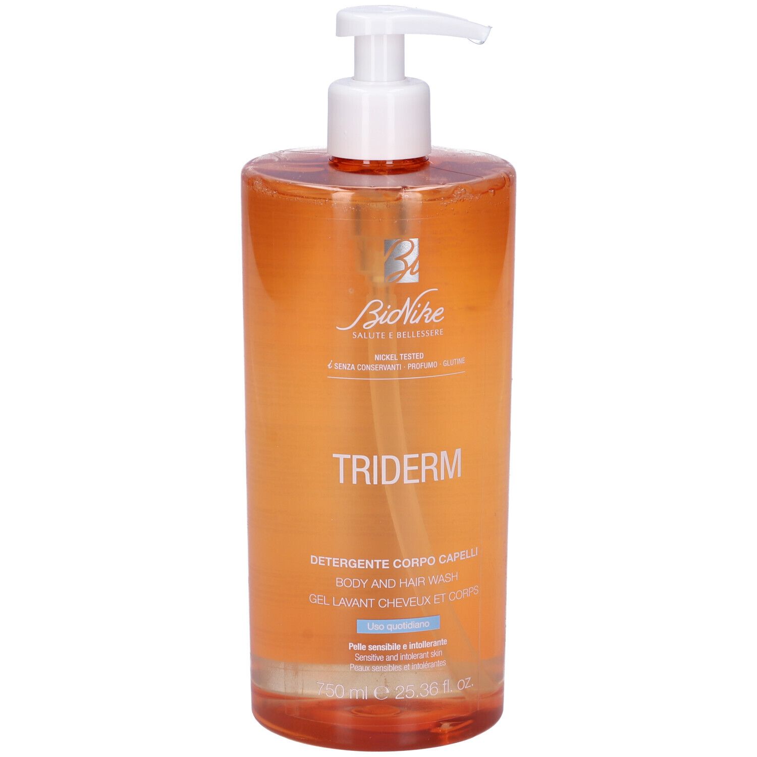 Flacone trasparente con dosatore. Scritta: TRIDERM, Detergente Corpo Capelli. Marchio: BioNike.