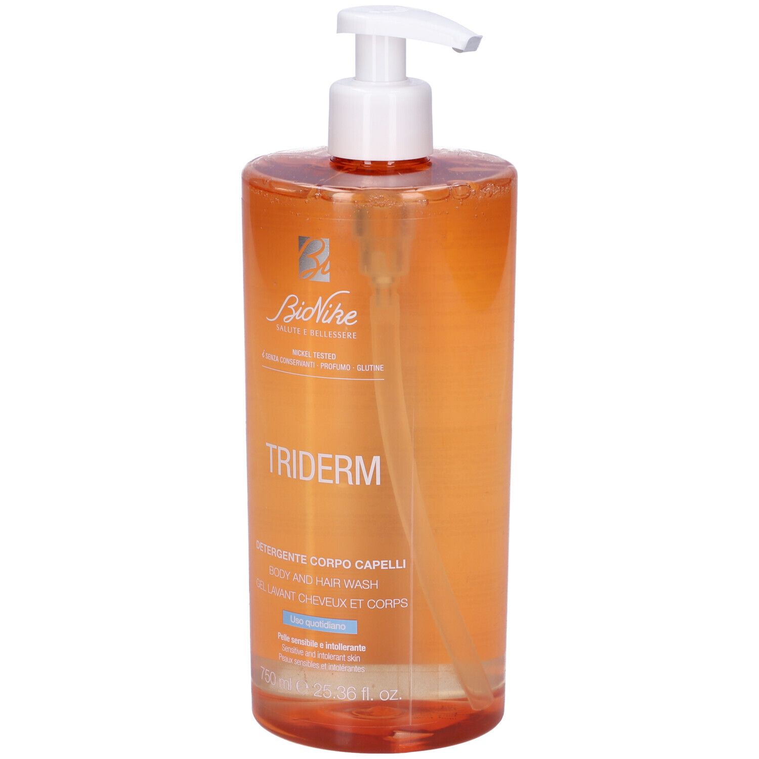 Flacone trasparente con dosatore. Scritta: TRIDERM, Detergente Corpo Capelli. Marchio: BioNike.