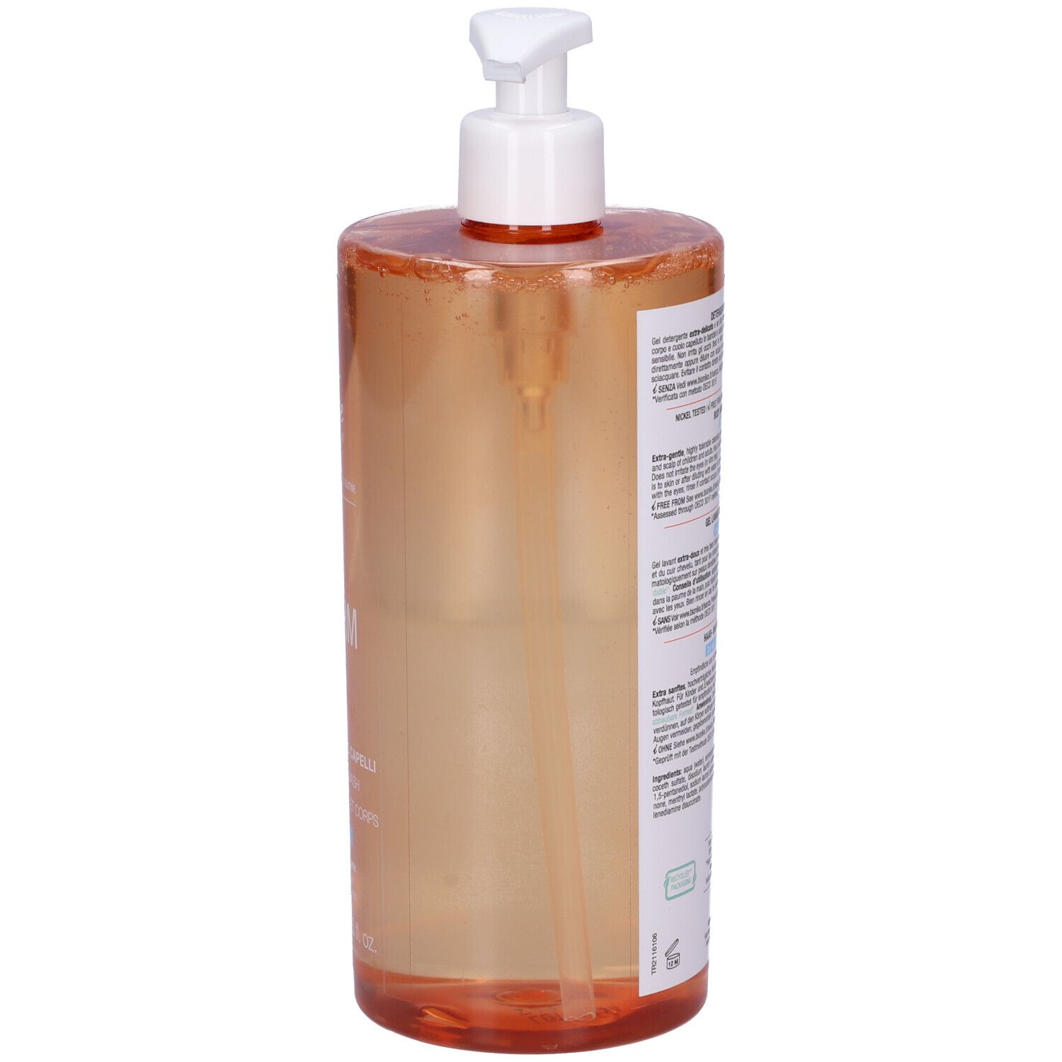 Flacone trasparente con dosatore. Scritta: TRIDERM, Detergente Corpo Capelli. Marchio: BioNike.