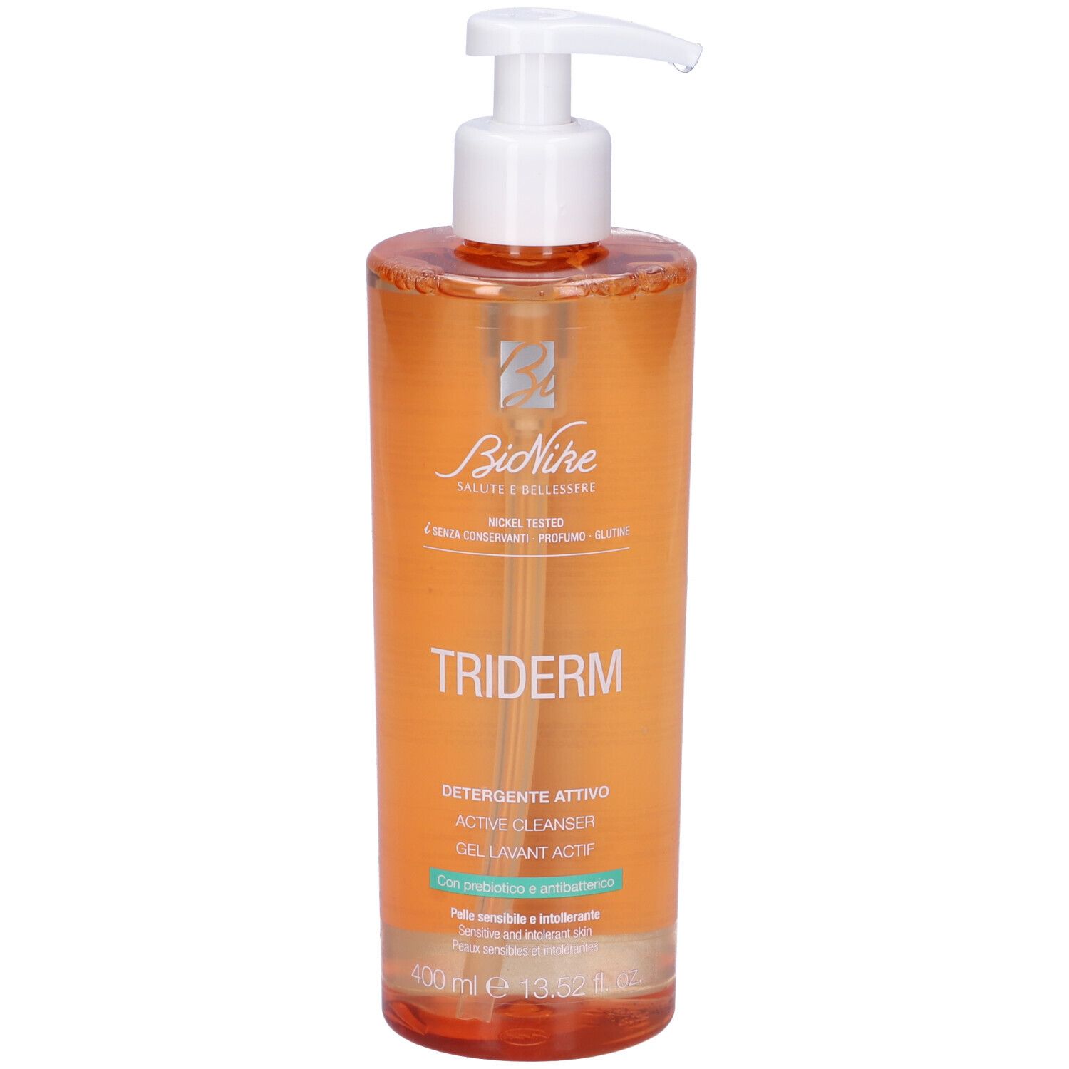 BioNike Triderm Detergente Attivo. Flacone arancione con dosatore bianco. Testo: Detergente Attivo, Gel Lavant Actif.