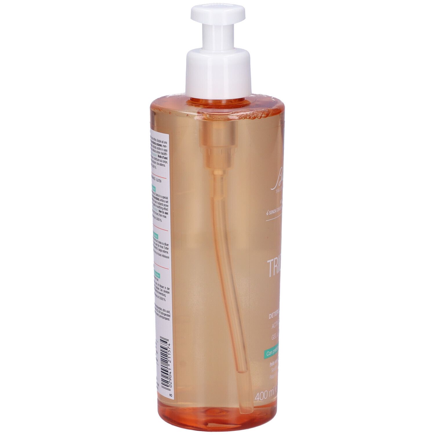 BioNike Triderm Detergente Attivo. Flacone trasparente arancione con dosatore bianco. Retro con testo.