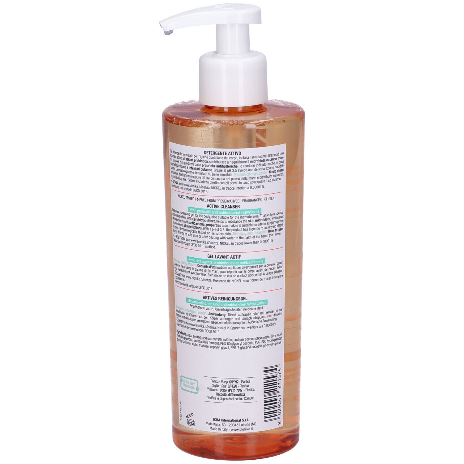 BioNike Triderm Detergente Attivo. Retro del flacone con testo. Contiene informazioni sugli ingredienti e l'uso.