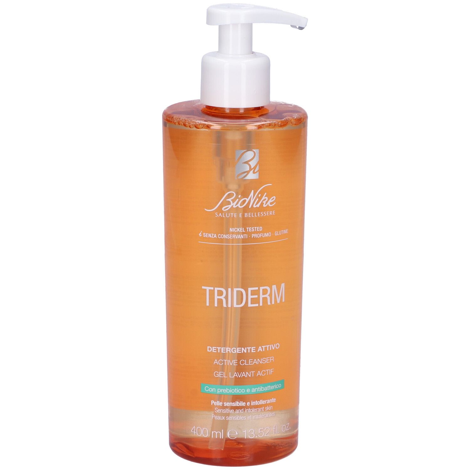 BioNike Triderm Detergente Attivo. Flacone arancione con dosatore bianco. Testo: Detergente Attivo, Gel Lavant Actif.