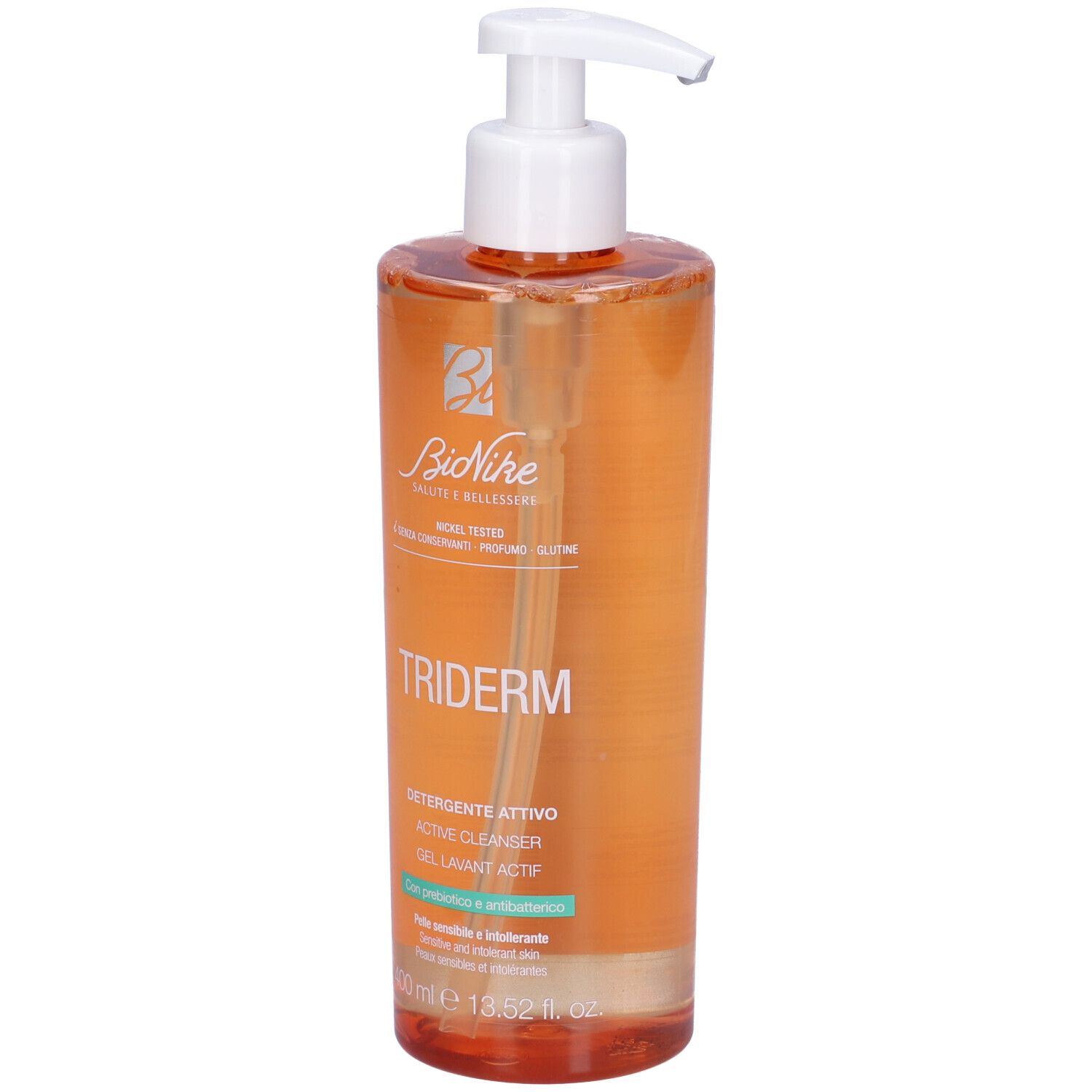 BioNike Triderm Detergente Attivo. Flacone arancione con dosatore bianco. Testo: Detergente Attivo, Gel Lavant Actif.