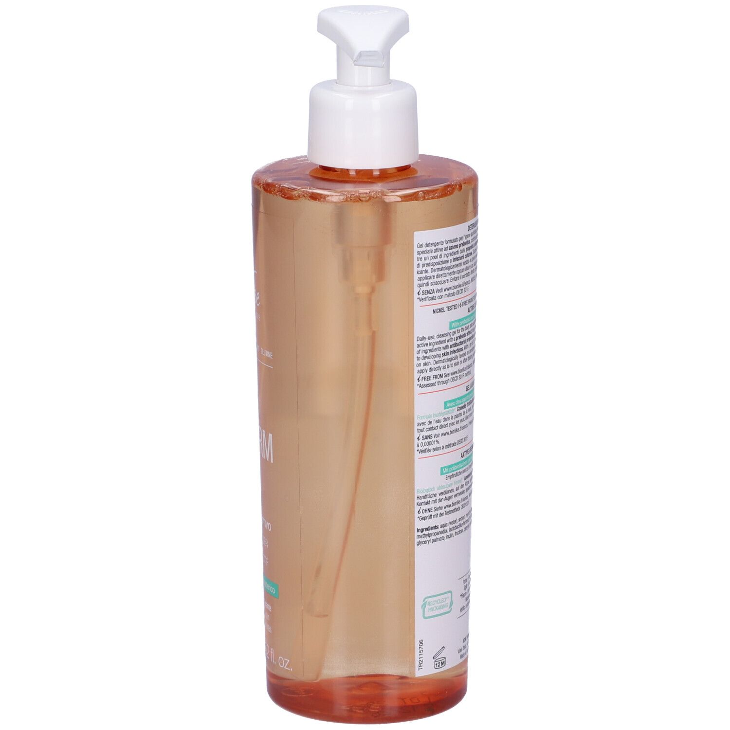 BioNike Triderm Detergente Attivo. Flacone trasparente arancione con dosatore bianco. Retro con testo.
