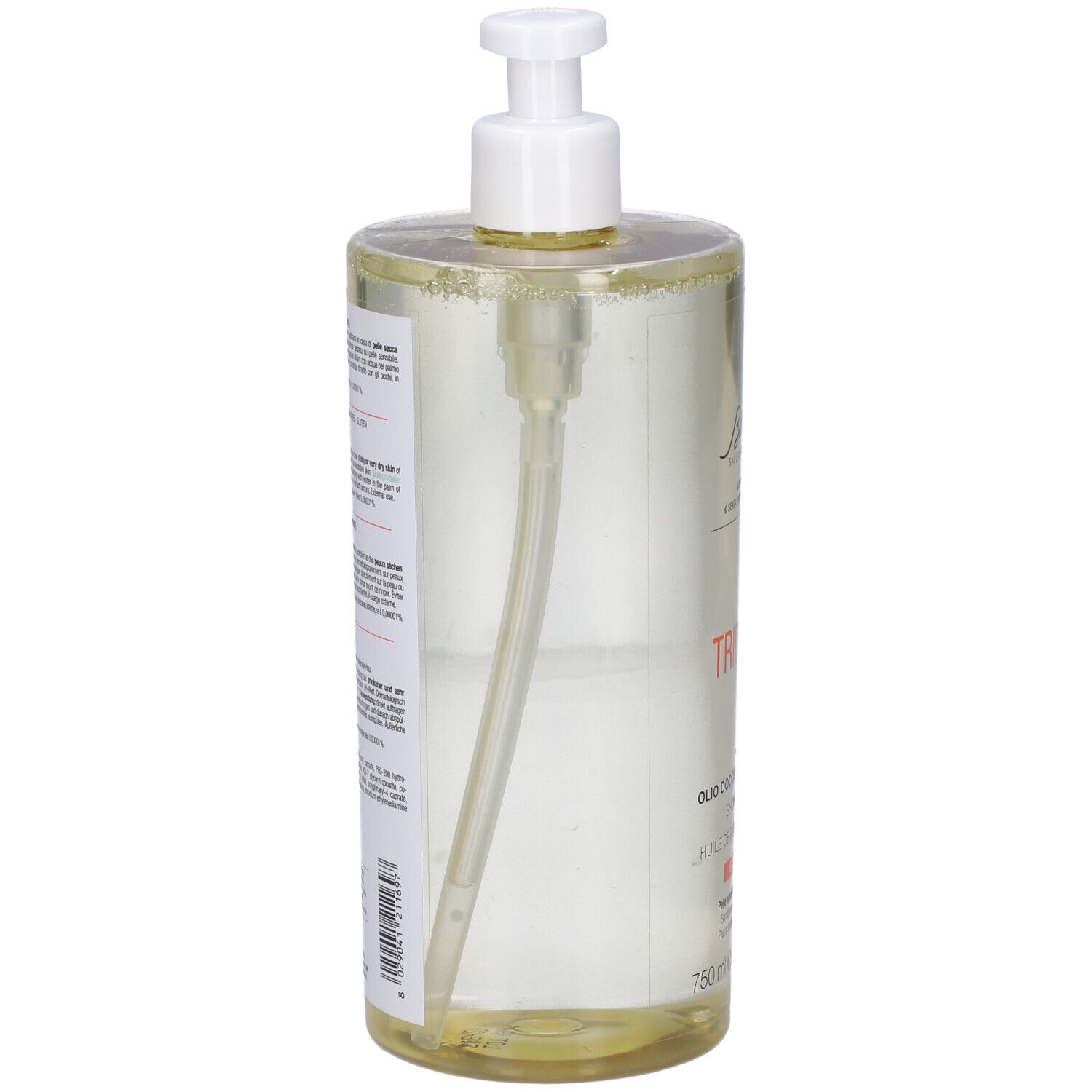 Transparente Pumpflasche mit gelblicher Flüssigkeit und weißem Pumpspender. 750ml.