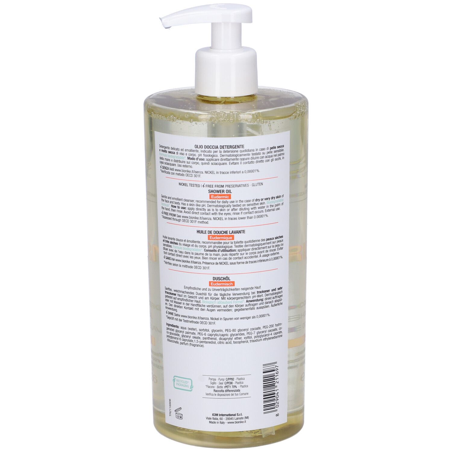 Durchsichtige Flasche mit weißem Pumpspender, gefüllt mit gelbem Duschöl.