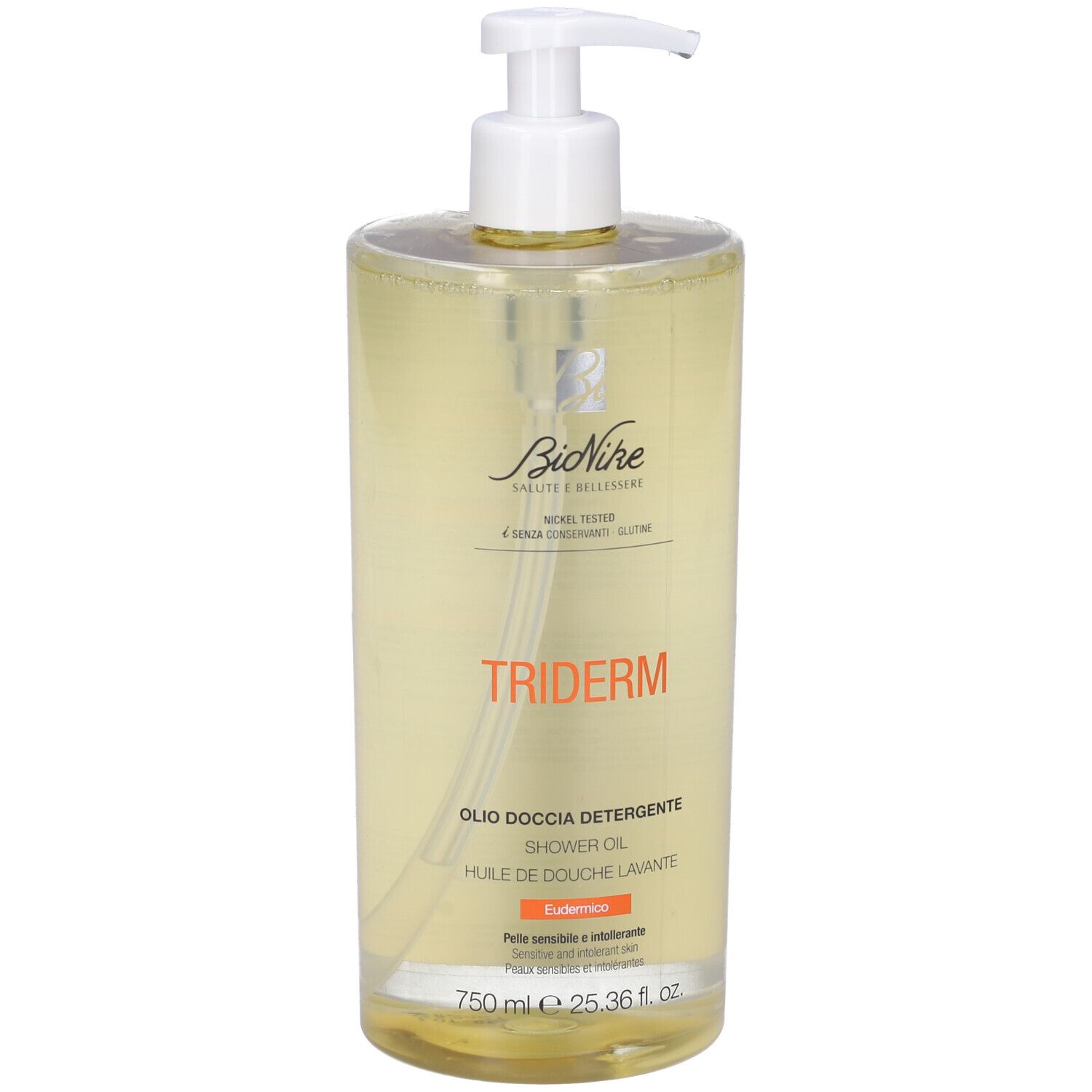 Bionike Triderm Duschöl in klarer Flasche mit Pumpspender, 750 ml.