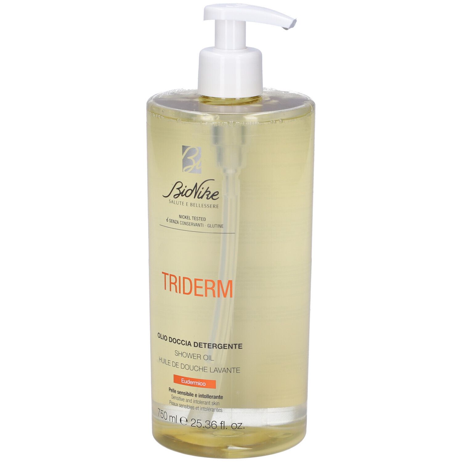 Bionike Triderm Duschöl in klarer Flasche mit weißem Pumpspender. 750ml.