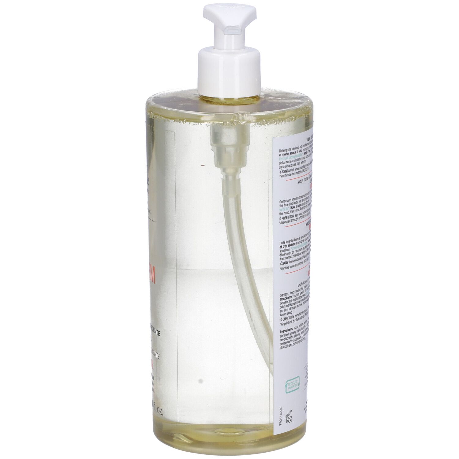 Transparente Flasche mit weißem Pumpspender, gefüllt mit klarer Flüssigkeit.