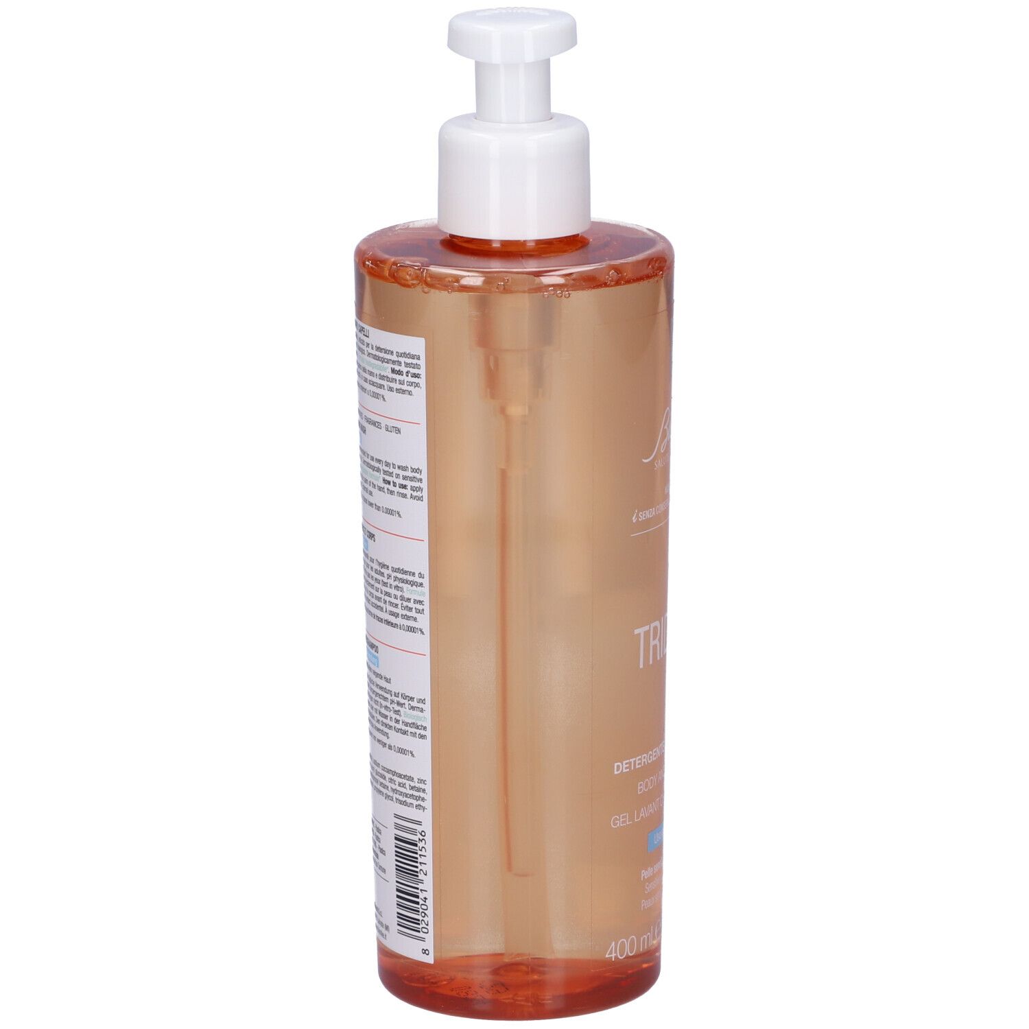 Flacone trasparente con dosatore. Retro con testo. Nome prodotto: TRIDERM, Detergente Corpo Capelli, Body and Hair Wash, Gel Lavant Cheveux et Corps.