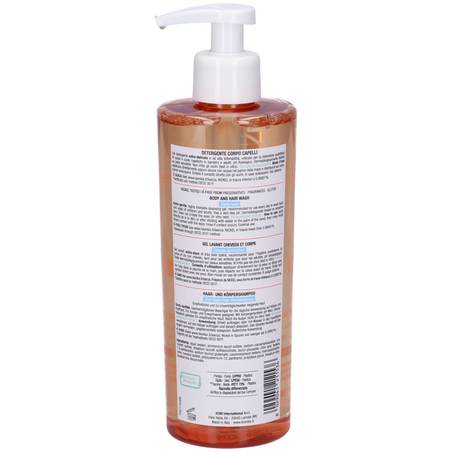 Vista posteriore di un flacone trasparente con dosatore. Testo sul retro. Nome prodotto: TRIDERM, Detergente Corpo Capelli, Body and Hair Wash, Gel Lavant Cheveux et Corps.