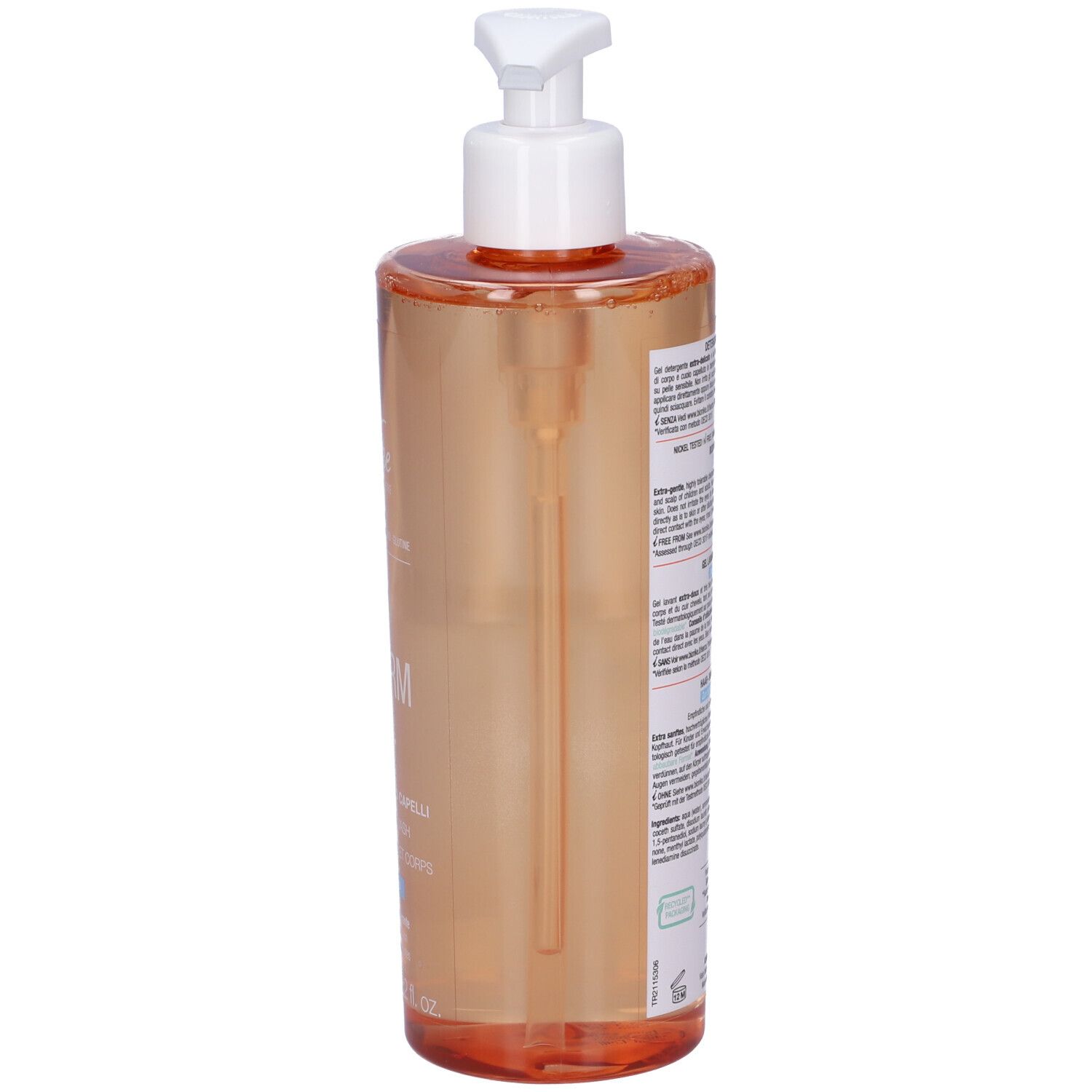 Vista posteriore di un flacone trasparente con dosatore. Testo sul retro. Nome prodotto: TRIDERM, Detergente Corpo Capelli, Body and Hair Wash, Gel Lavant Cheveux et Corps.