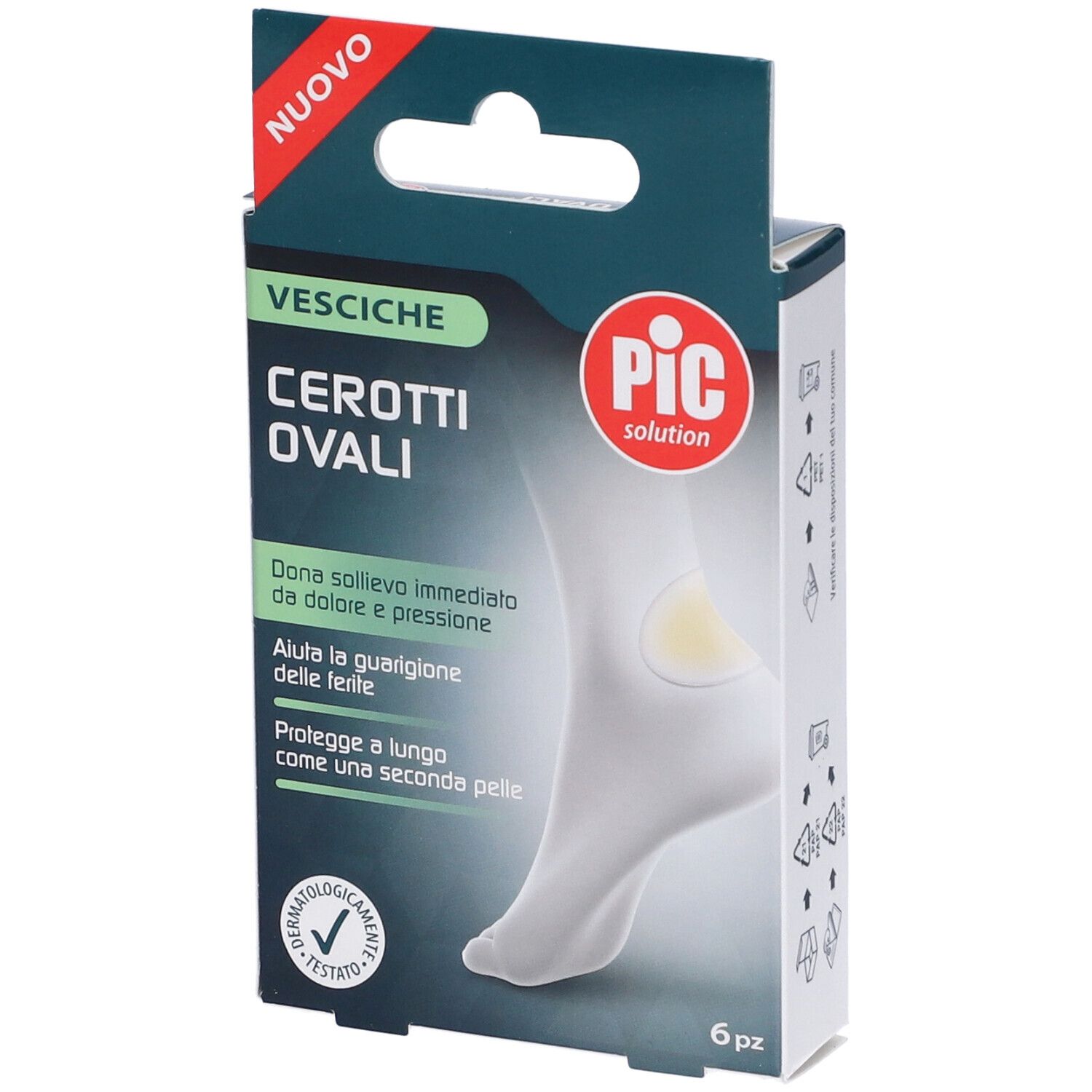 Confezione di cerotti ovali per vesciche. Marchio PIC. 6 pezzi. Dermatologicamente testato.