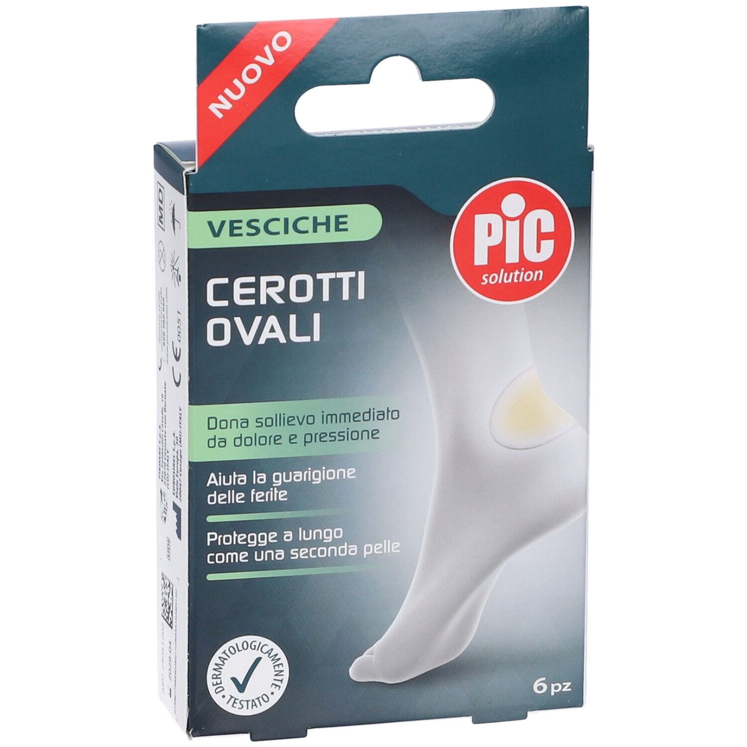 Confezione di cerotti ovali per vesciche. Marchio PIC. 6 pezzi. Dermatologicamente testato.