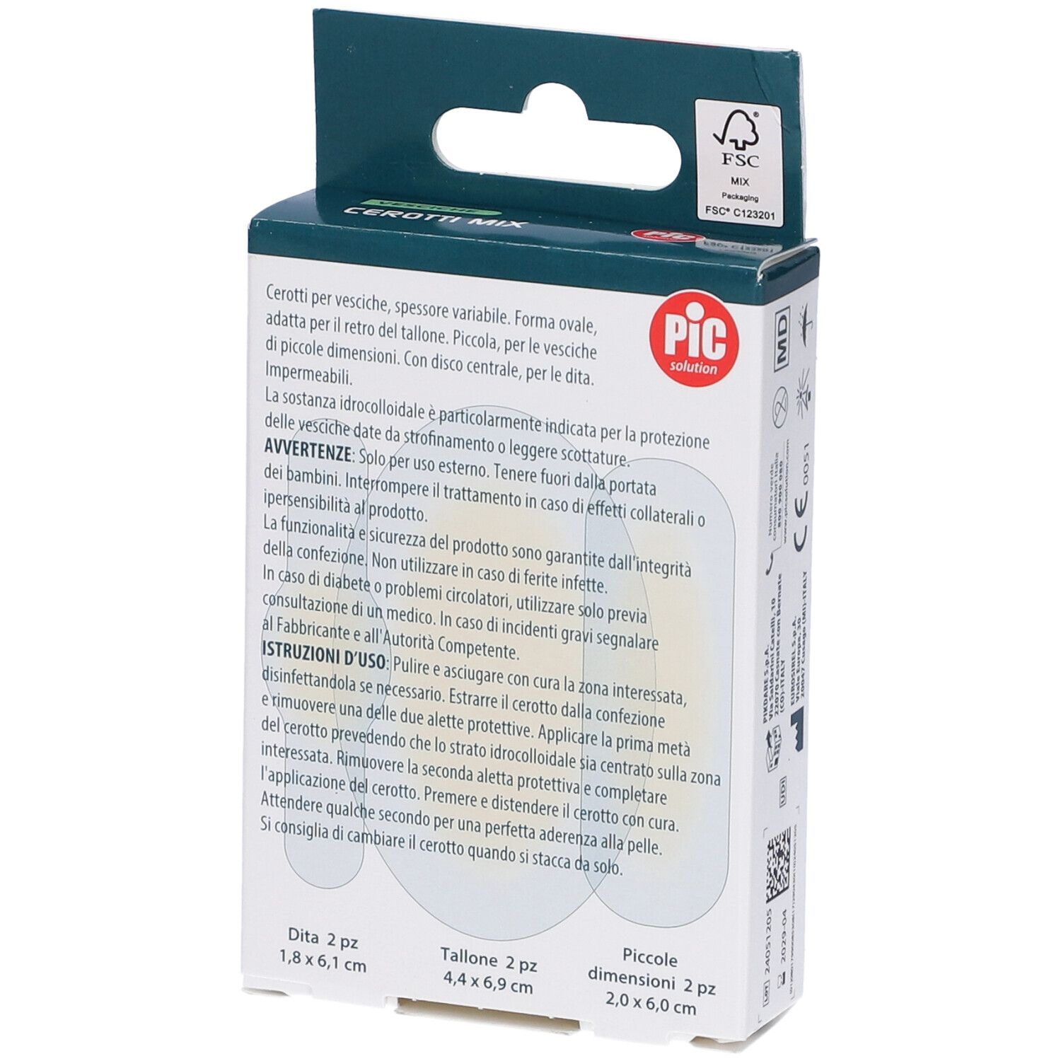 Rückseite der Verpackung PIC Cerotti Mix Vesciche. Produktinformationen und Größen.