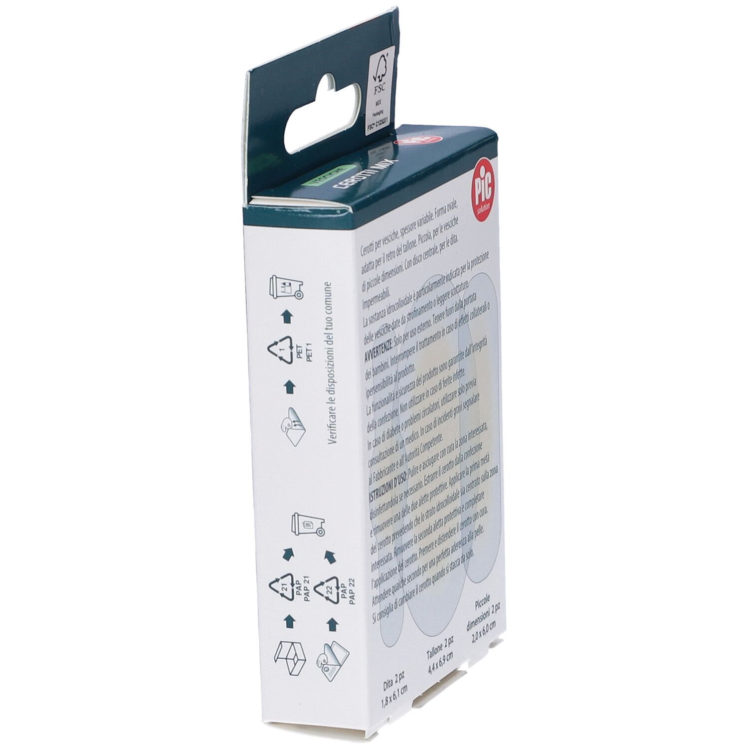 Seite der Verpackung PIC Cerotti Mix Vesciche. Recycling-Symbole.