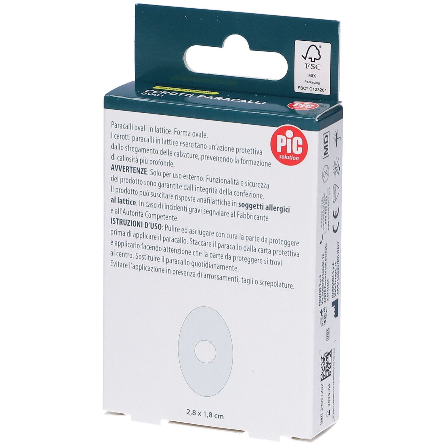 Rückseite der Verpackung von PIC Cerotti Paracalli Ovali. Text: 2,8 x 1,8 cm. Logo: PIC. FSC-Zertifizierung. Gebrauchsanweisung.