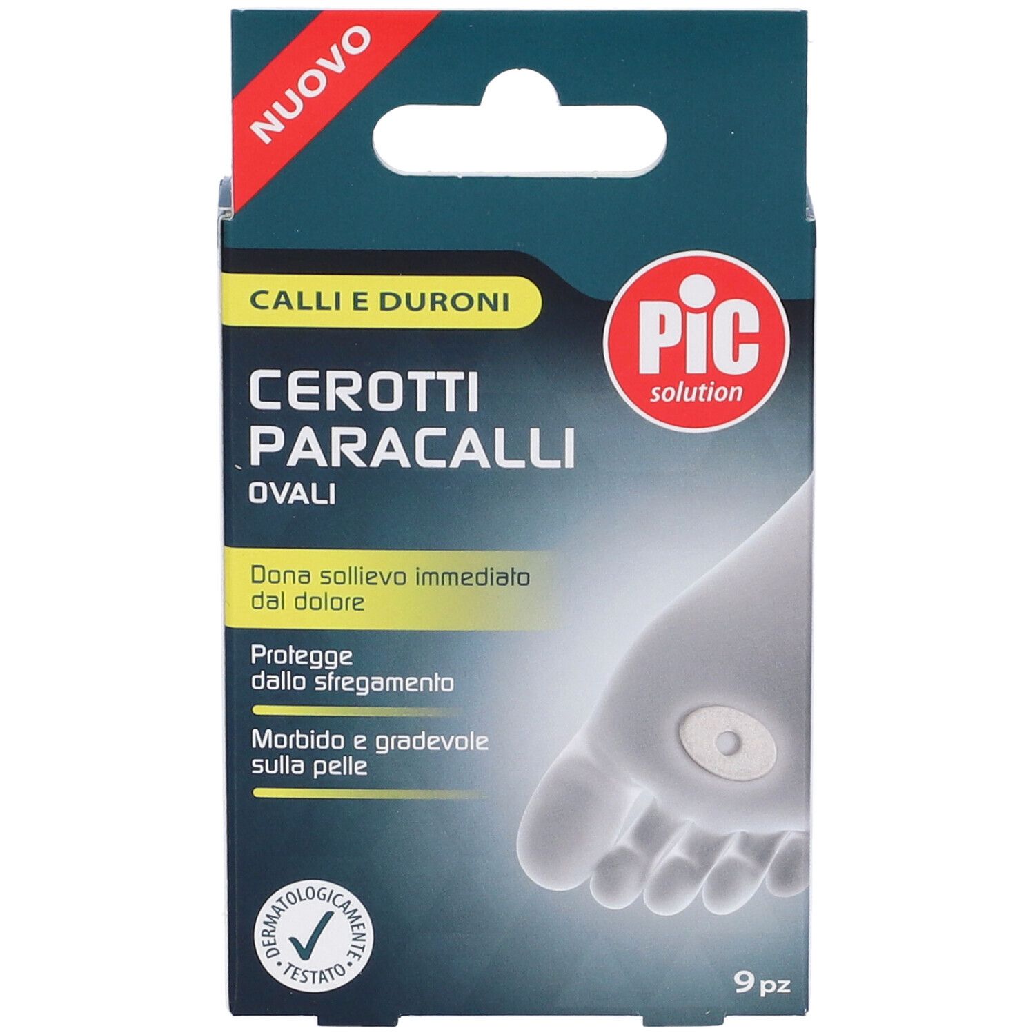 Verpackung von PIC Cerotti Paracalli Ovali. Text: Calli e Duroni, Cerotti Paracalli Ovali. Logo: PIC solution. 9 Stück. Fuß-Illustration.
