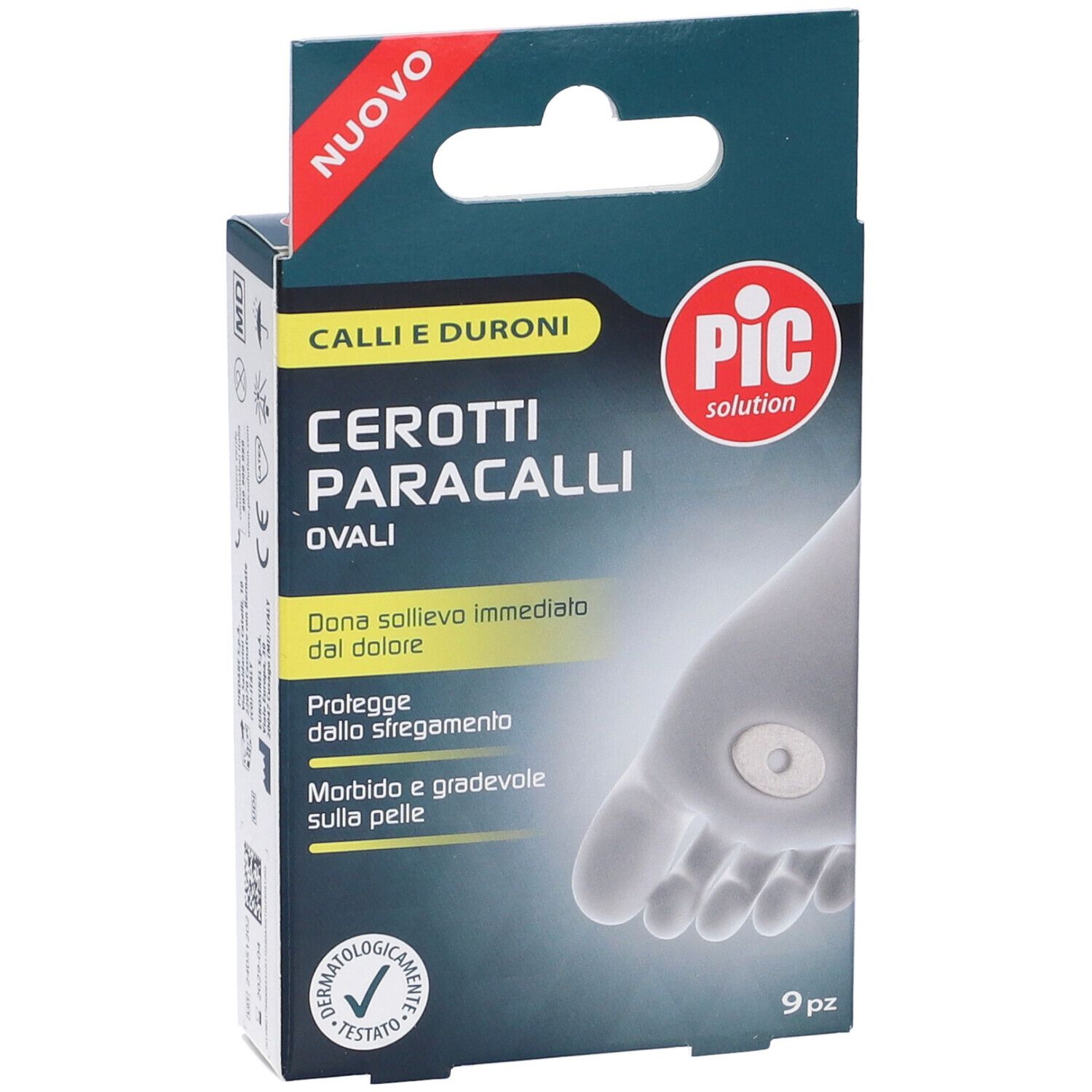 Verpackung von PIC Cerotti Paracalli Ovali. Text: Calli e Duroni, Cerotti Paracalli Ovali. Logo: PIC solution. 9 Stück. Fuß-Illustration.